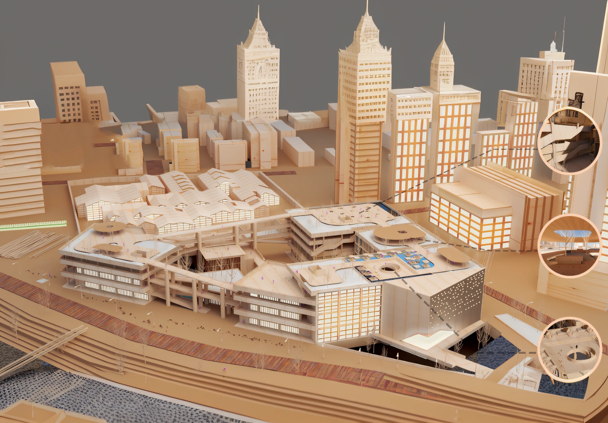 there is a model of a building with a clock on it, detailed model, center model buildings, architectural model, digital model, complex 3d render, complex 3 d render, highly detailed render, highly detailed model, hyperdetailed!, detailed rendering, detailed render, detailed wide shot, very detailed render, section model, high detail render, detail render, zoomed out view