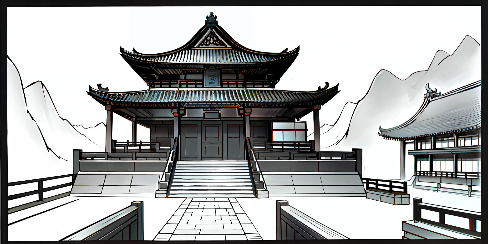 At the door of Zongmen, Gate, Before the door, Square, Arena, No animals, no human, Chinese architecture, Chinese architecture, Chinese houses, ancient houses, ancient houses, mountain, Black stroke, bold stroke, black line stroke, animation style, animation style, (((vector style))), animation, high-definition, ultra high-definition, very high-definition, Zongmen Gate, mountains, blue sky, trees, ancient architecture, cultivation style, building entrance, spacious entrance, building, building front, ghibli style, Blue sky, strong light, Summer, the sun, Chinese style, ancient style, Chinese architecture, imperial palaces, palaces, temples, Taoist temples, parks, squares, temples, temples, palaces, temples, monasteries, Animation style, animation, bold line, black line, bold stroke, black stroke, Sunshine, day, Sunny day, the most beautiful animation style, Xiuxian, Xuanhuan, Xiuzhen, Wuxia, Xianxia, Mountain, Light, Thunderbolt Method, Ice Magic, Ultra HD, Fine Description, Best Picture Quality, Mountain and Sea Classic, Flood and Wilderness, Fantasy, Ultra High Resolution, 8k HD Wallpaper, high-definition image quality, detailed depiction, exquisite texture, complex details, HD, 8K,16K,