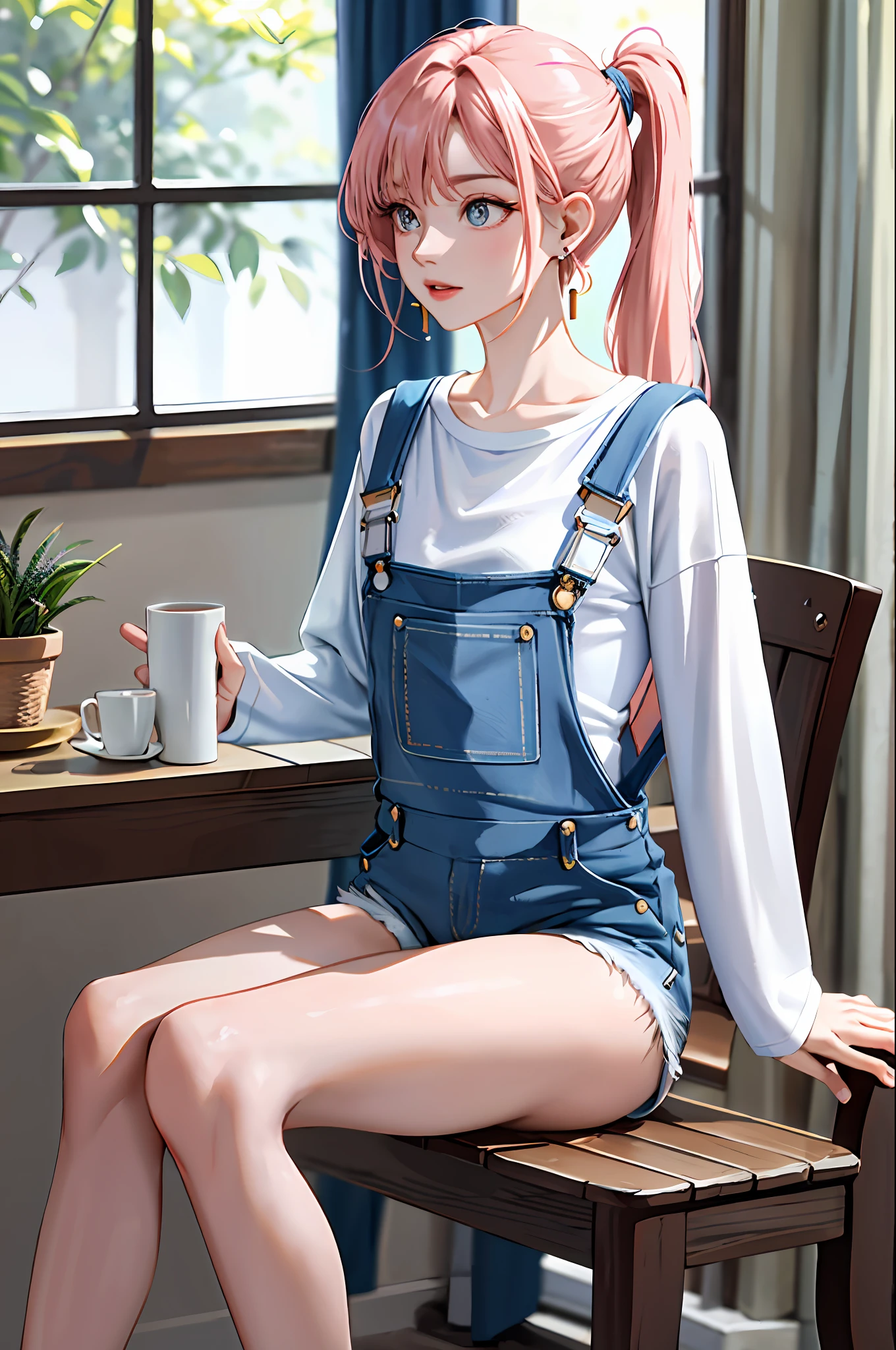 (Masterpiece: 1.2), (Real picture, intricate details), (Best quality, high_resolution, distinct_image)), Realism: 1.4, 3D, 1 girl, solo, (((Blue overalls shorts: 1.3))), ((Long ponytail hair)), Looking at the audience, Pink blonde hair: 0.7, shiny hair, buttocks, ass, outdoors, ((t-shirt)), (skinny: 1.5 + long sleeve white t-shirt)), leaves, depth of field, front_light, (room: 1.2, thick thigh: 1.1, narrow: 1.1), ((earrings)), detail background, ripped denim shorts, navy eyes: 1.2