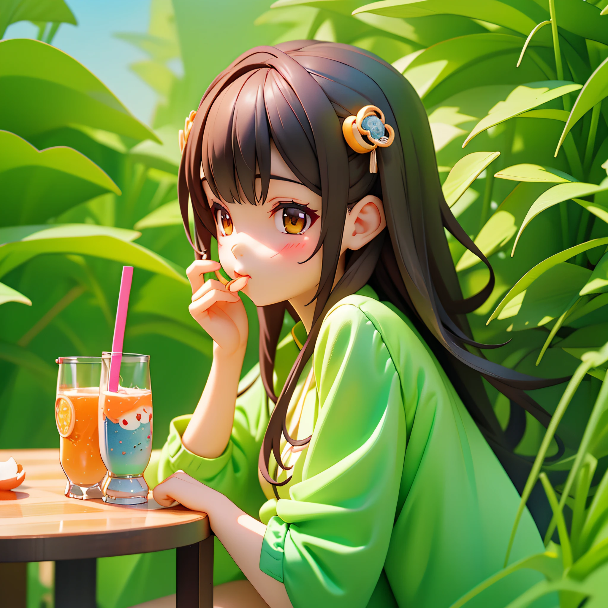 anime girl drinking a drink at a table with a straw, adorable digital painting, cute detailed digital art, realistic cute girl painting, cute digital art, cute anime girl, cute kawaii girl, cute art style, kawaii realistic portrait, soda themed girl, cute cartoon character, cute character, artwork in the style of guweiz, cute detailed artwork
