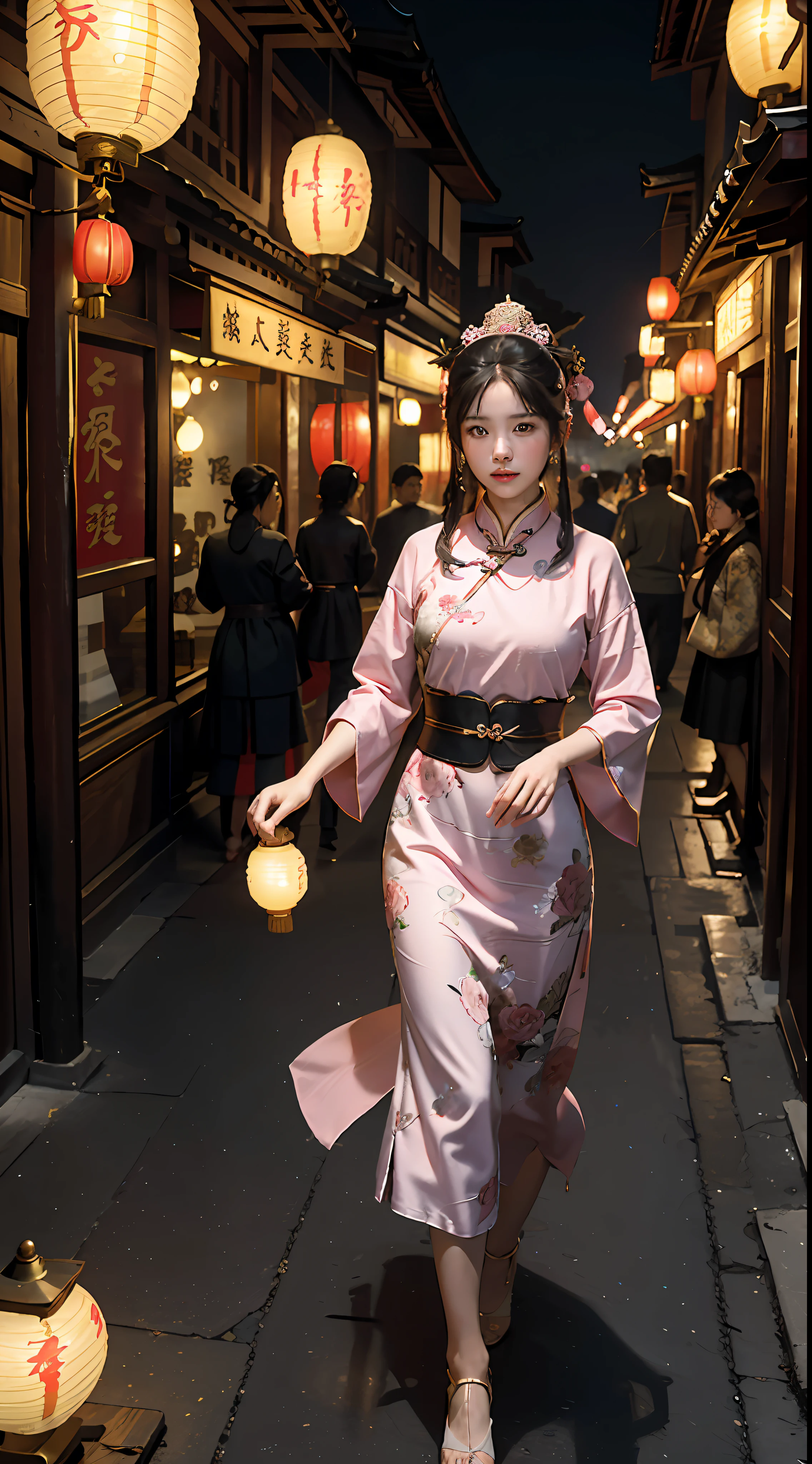 Best Quality, Masterpiece, Ultra High Resolution, (Realisticity: 1.4), Original Photo, 1Girl, Mature, Pink Top, Time Travel, Chinese Tang Dynasty, Lantern, High Tang Dynasty, Chinese Ancient Architecture, Ancient Town, Chang'an City, Bustling Street, Night View, Movie Lighting