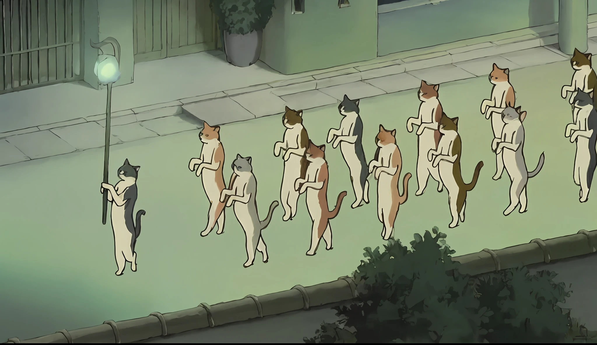 there are many cats walking down the street together, style in ghibli anime, studio ghibli anime screenshot, style in ghibli anime style, meeting of the cats, cats, anime cat, japanese animation style, cat attacking tokyo, kikis delivery service, cats party, screenshot from the anime film, cats! are around, lofi, from the studio ghibli film