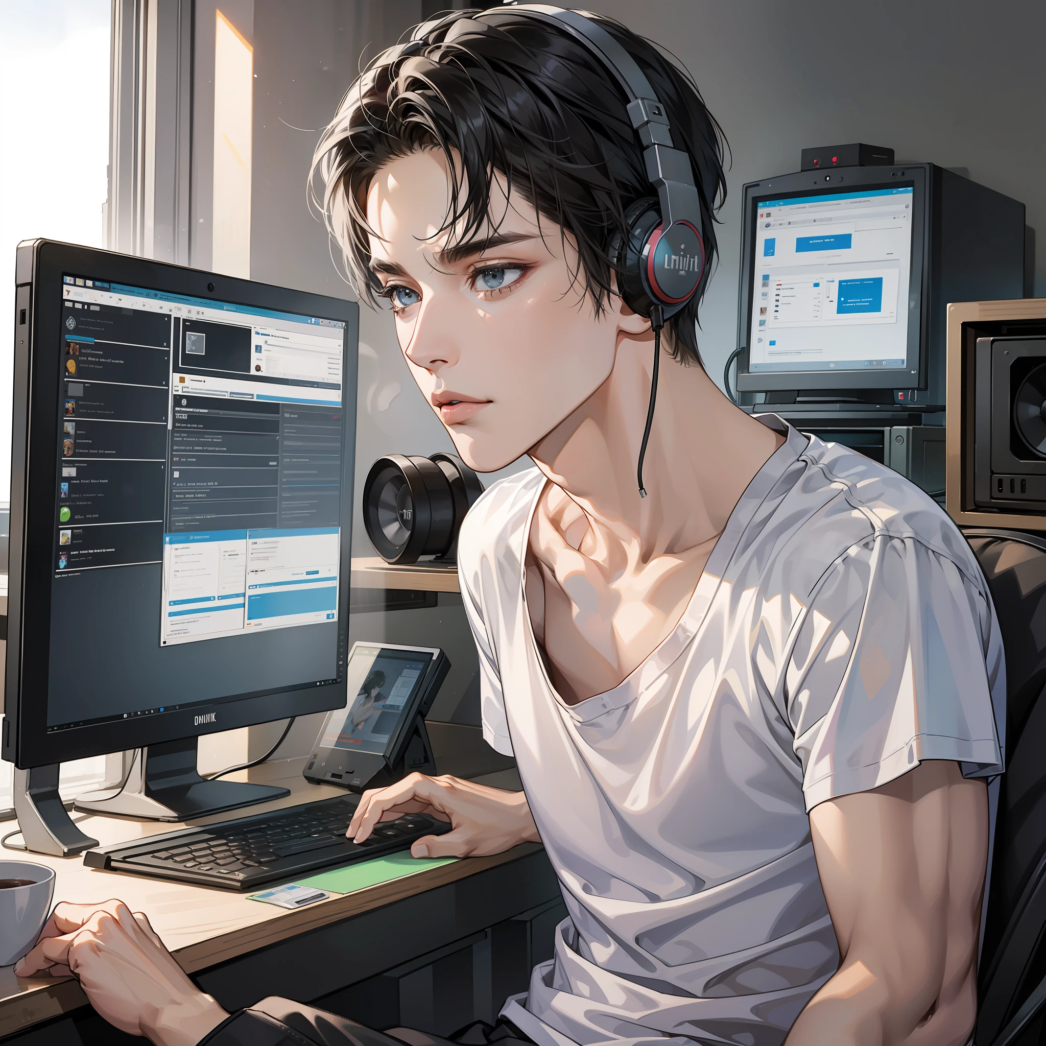 Masterpiece, high quality, best quality, HD, realistic, perfect lighting, detailed body, 1 man, short black hair, white t-shirt, serious expression, wearing headphones, facing the computer monitor, in the room