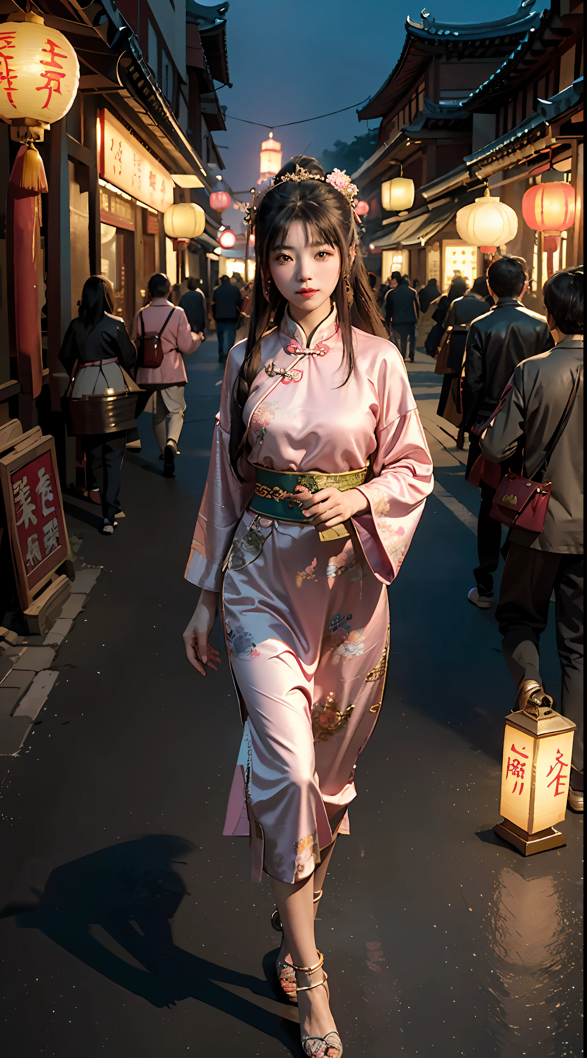 Best Quality, Masterpiece, Ultra High Resolution, (Realisticity: 1.4), Original Photo, 1Girl, Mature, Pink Top, Time Travel, Chinese Tang Dynasty, Lantern, High Tang Dynasty, Chinese Ancient Architecture, Ancient Town, Chang'an City, Bustling Street, Night View, Movie Lighting