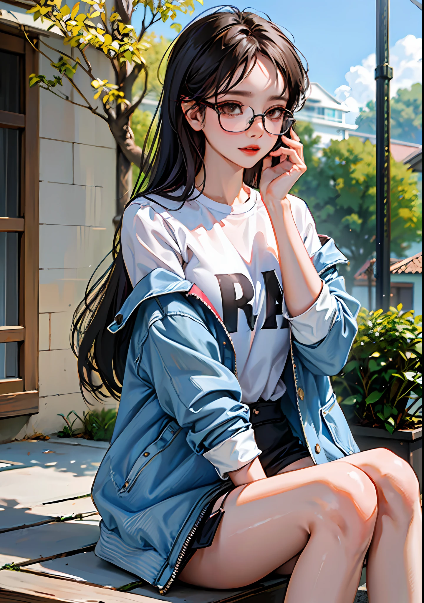 (8k, RAW photo, highly sensitive, best quality, extremely detailed hair, masterpiece, ultra high res,  photorealistic:1.25) arafed woman in glasses sitting on a block with her hand on her chin, cropped shirt with jacket, short jacket, korean women's fashion model, with square glasses, heonhwa choe, with glasses, burmese girl, modern casual clothing, , gorgeous young burmese woman, with black eyeglasses