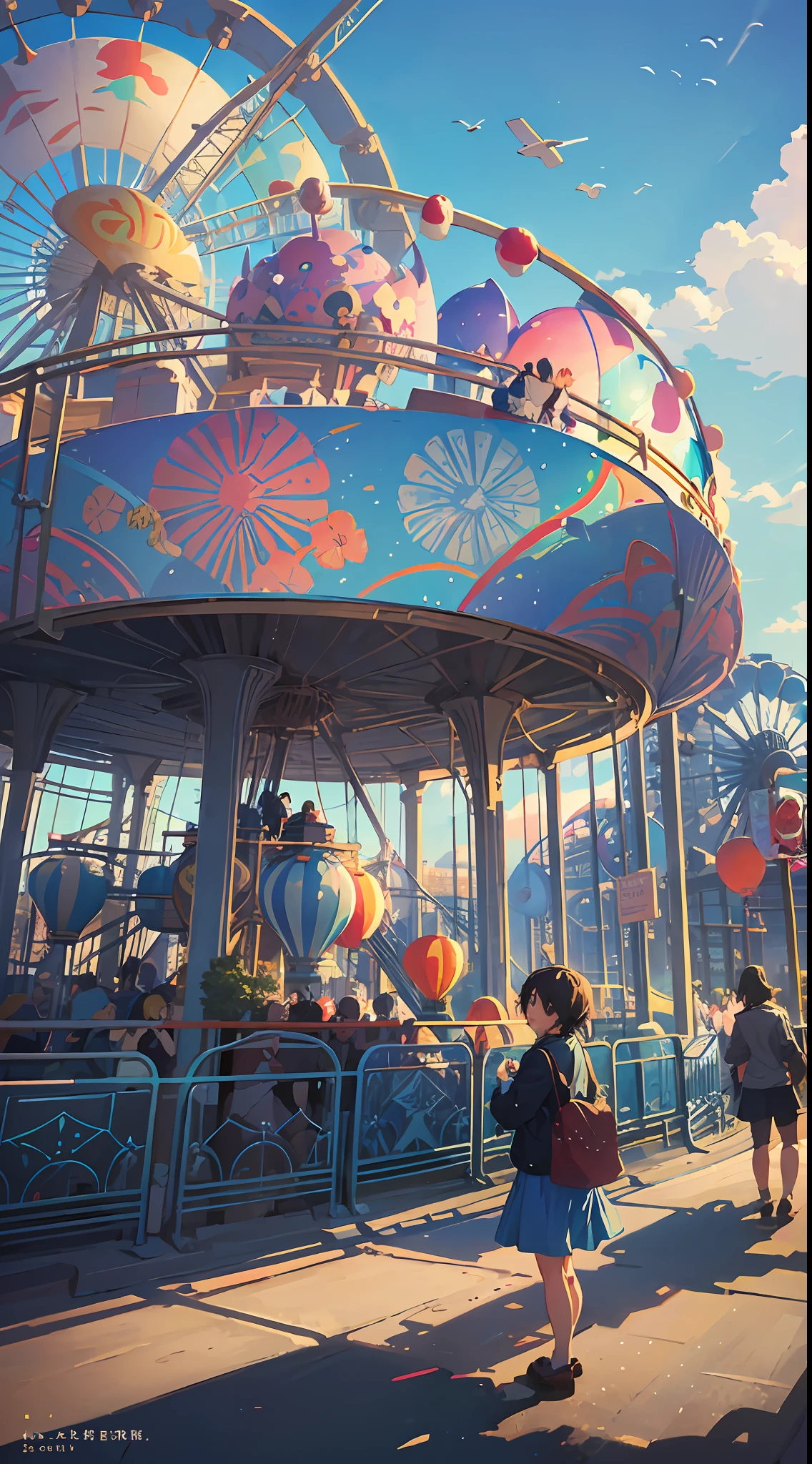 Clear morning, blue sky, people playing in amusement park, there are Ferris wheels, roller coasters, carousels, jumping machines, hot air balloons, anime landscape concept art, colorful anime movie backgrounds, anime background art, ((Makoto Shinkai)) --auto --s2