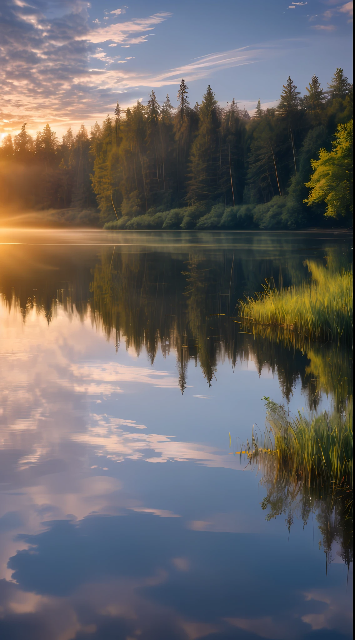 wallpaper, summer, lake, dawn, forest, detailed forest, clouds, masterpiece, cinematic, soft light, depth of field, ray tracing, reflection in water, realism, ulra detailed,