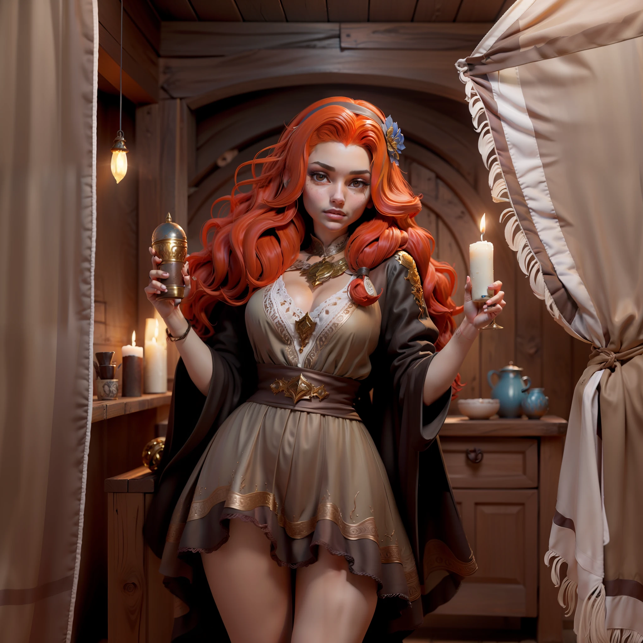 A charming and mysterious sorceress, 20 years old. She is depicted in rustic clothes, full of ornate details. Her look is lush, with long, wavy hair, standing out in shades of redhead. His face has soft, expressive features, with bright eyes and delicate lips. The atmosphere is one of magic and seduction. Style: Oil painting in realistic style, capturing the nuances of colors and textures of clothing and skin.