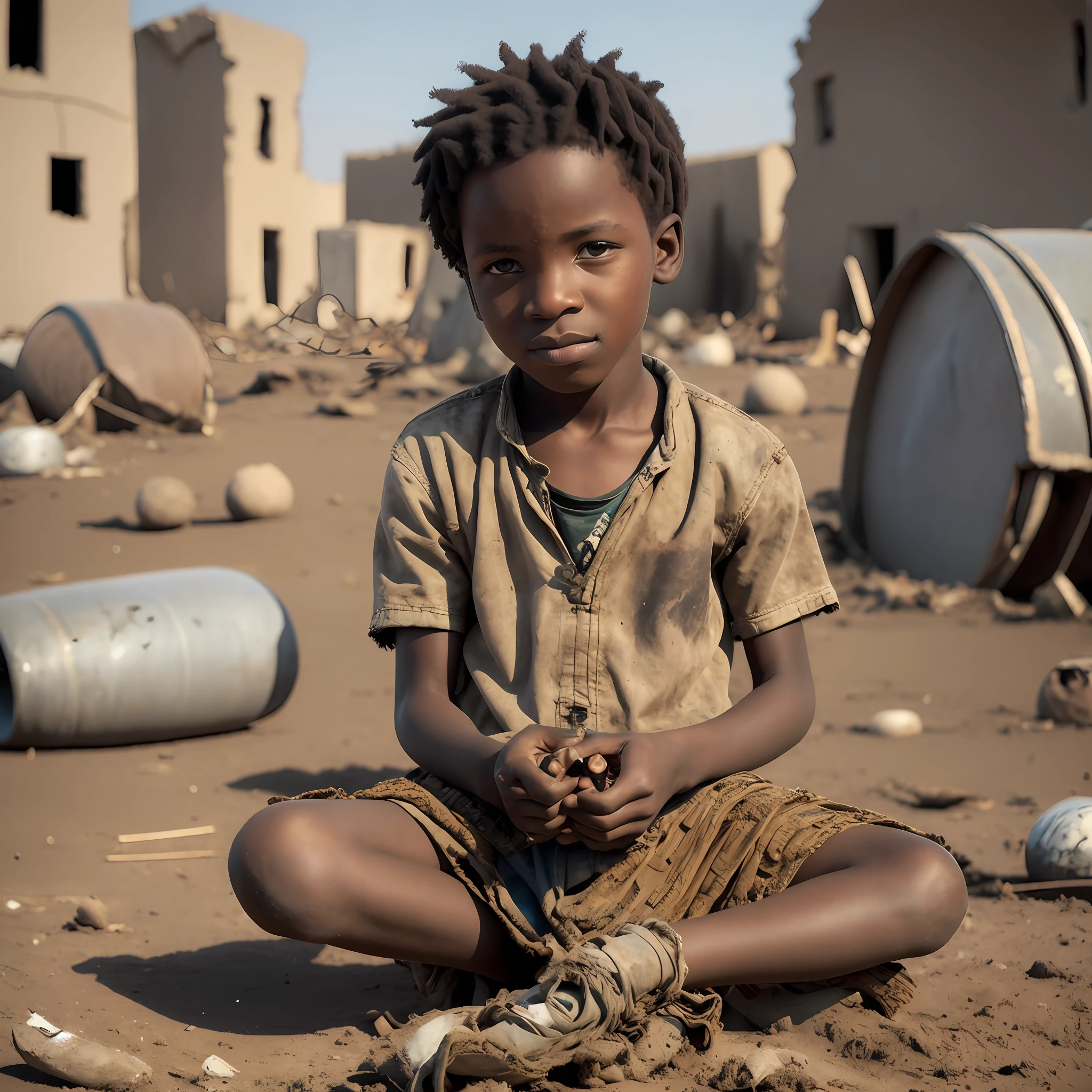 The African boy is sitting in an empty field, surrounded by rubble and debris from destroyed structures. He is wearing torn and dirty clothes, and carries a tired and sad expression on his face. In his right hand, he holds a rusty gun, while in his left hand, he holds a photo of his family that was killed during the war --auto --s2