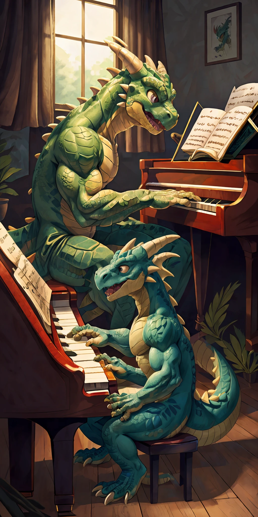 Top Quality, High-quality illustrations by Michelangelo, by Johannes Vermeer(Anthro: 1.7)furry explicit((kobold))high res(detailed eyes expressive eyes)insane details(cinematic lighting)lizard man kemono((lizard man play the piano, staring Musical score, singing))(piano:1.2)((lizard Facial Features, lizard Body Features))(Dense and Detailed Muscles))(hyper realistic scales:1.3)(detailed scales:1.2)(scale covered body)(kobold face)(kobold features)(expressive face, detailed face)(serious expression, downcast expression)from side, piano stool, indoors, window,