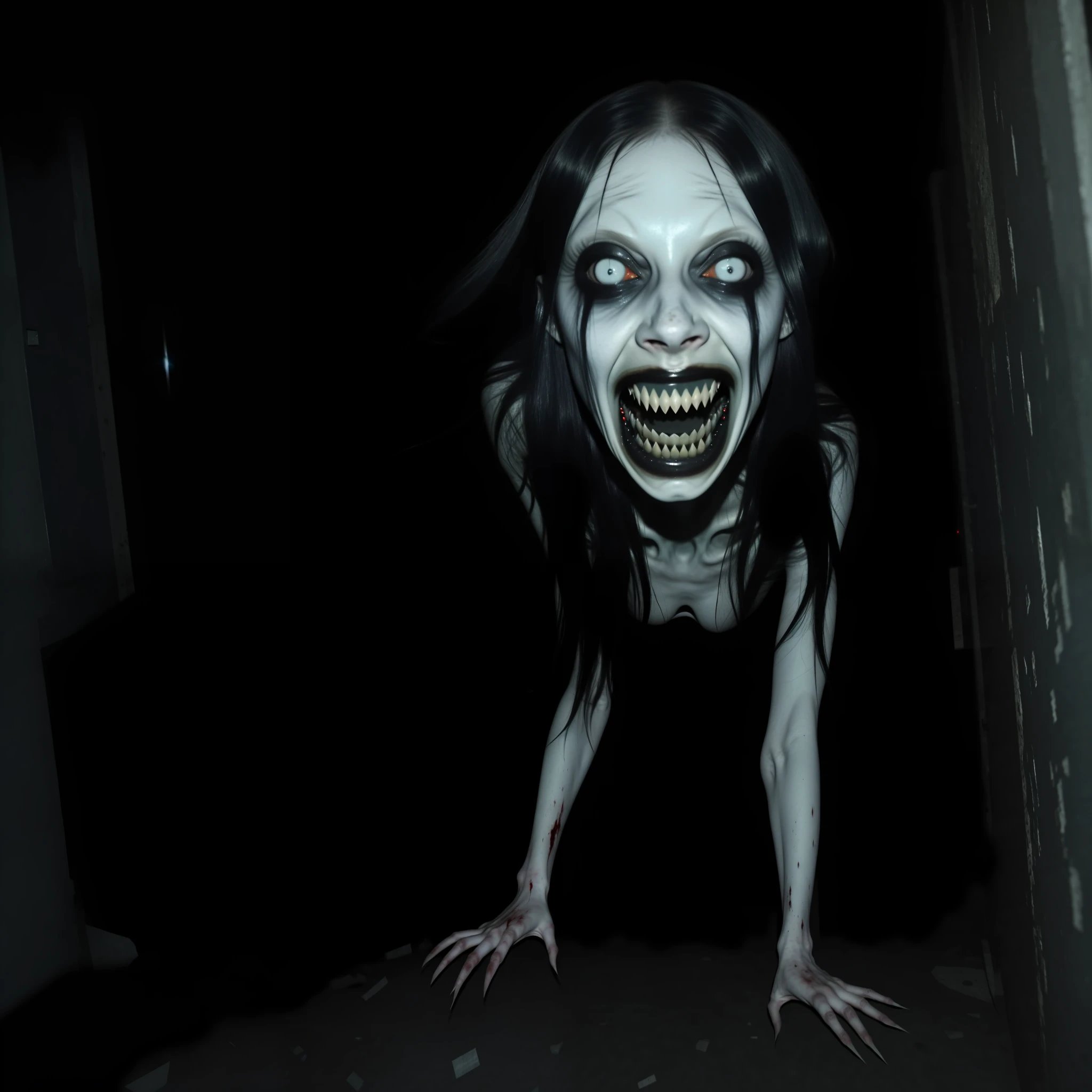 Action shot of terrifying woman (pale skin, long black hair, empty eyes) entity with large teeth chasing after the viewer, dynamic running, in a decrepit basement in Hell, creepy, unnerving, unsettling, terrifying, 80mm, horror lighting, dynamic action, 8k, blood stains, blue footage filter, hd, impressionism