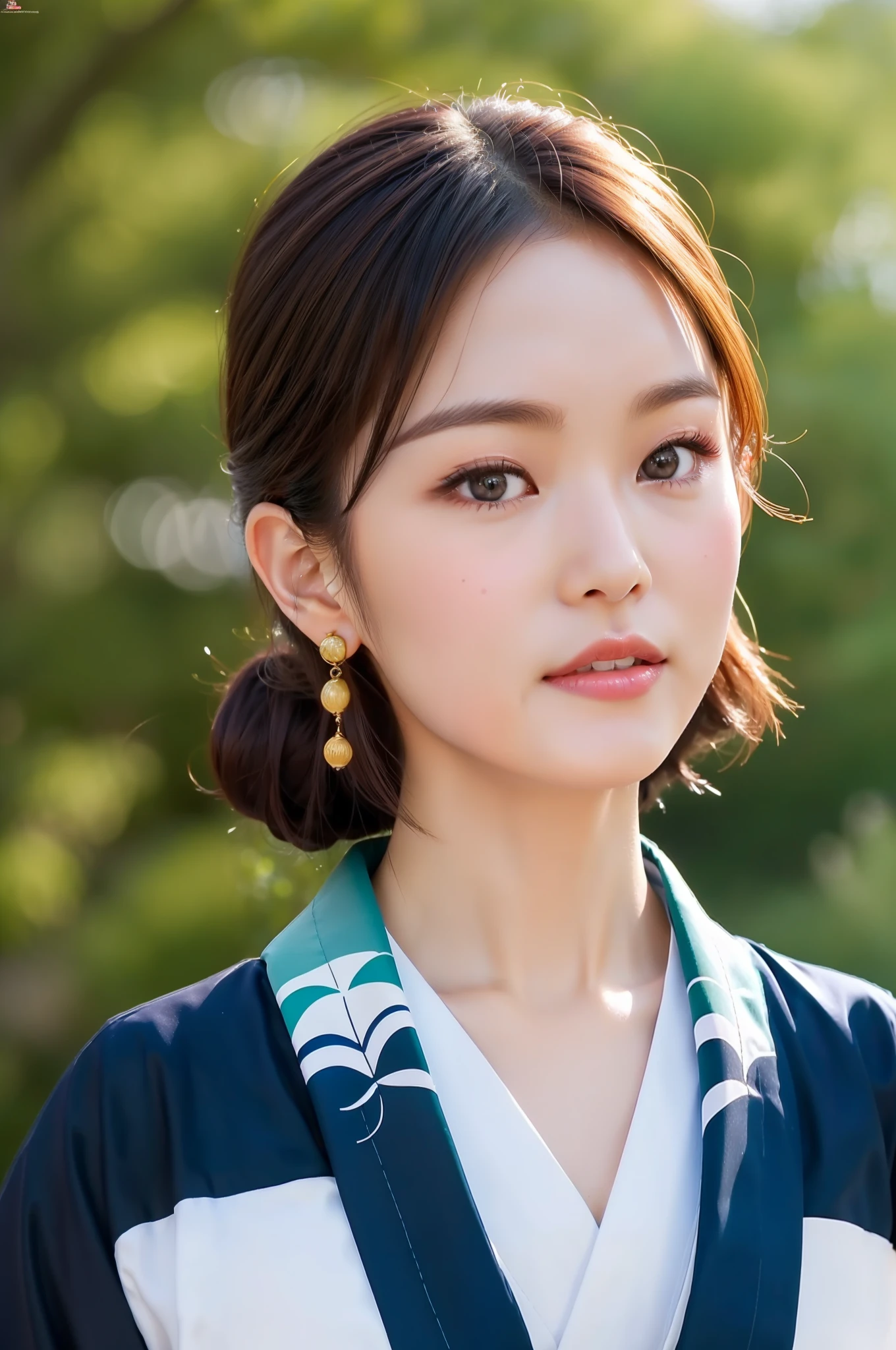 ((Top Quality, 8K, Masterpiece: 1.3)), Sharp Focus: 1.2, (Super Beautiful Face: 1.0), (Slender Abs Beauty: 1.0), (Shiny Skin: 1.0), Realistic Photography, Black Hair, Realistic Pupils, Video Lighting, High Definition Eyes and Face, Video Lighting, (Cowboy Shot: 1.3), kimono, hakama, obi, (Korean Cute Actress), in nature, traditional kimono, happy, Looking at the audience, head on, medium breasts, japanese model