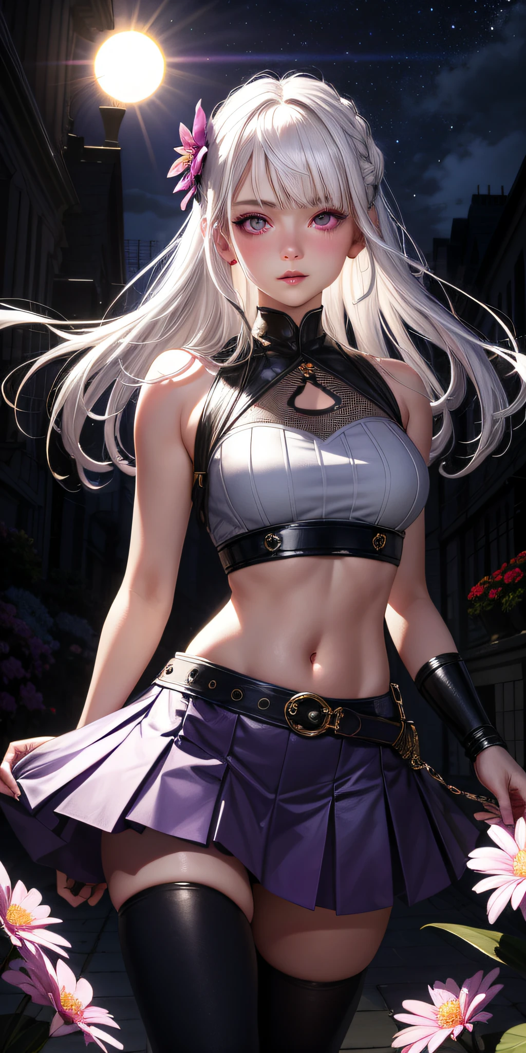 realistic, 1girl, white hair, purple eyes, glowing eyes, crop top, skirt, parted lips, blush, night, flowers, sun, sunlight,