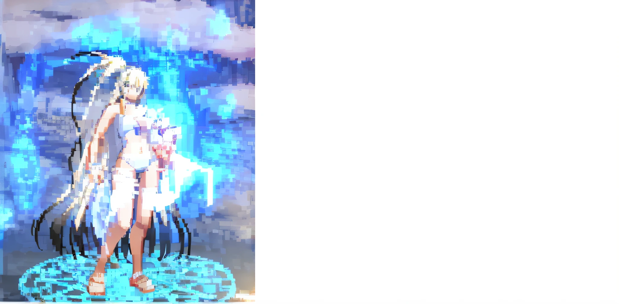 Anime girl with long hair and white dress standing in front of blue background, swimsuit --auto --s2