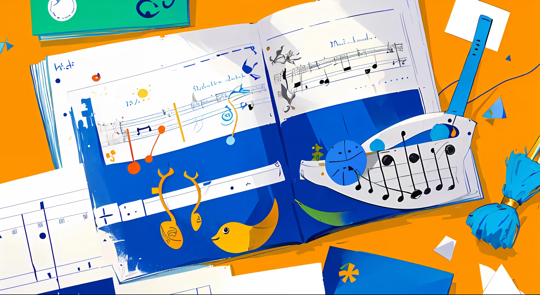 Blank children's book page with musical instrument icons on the edge