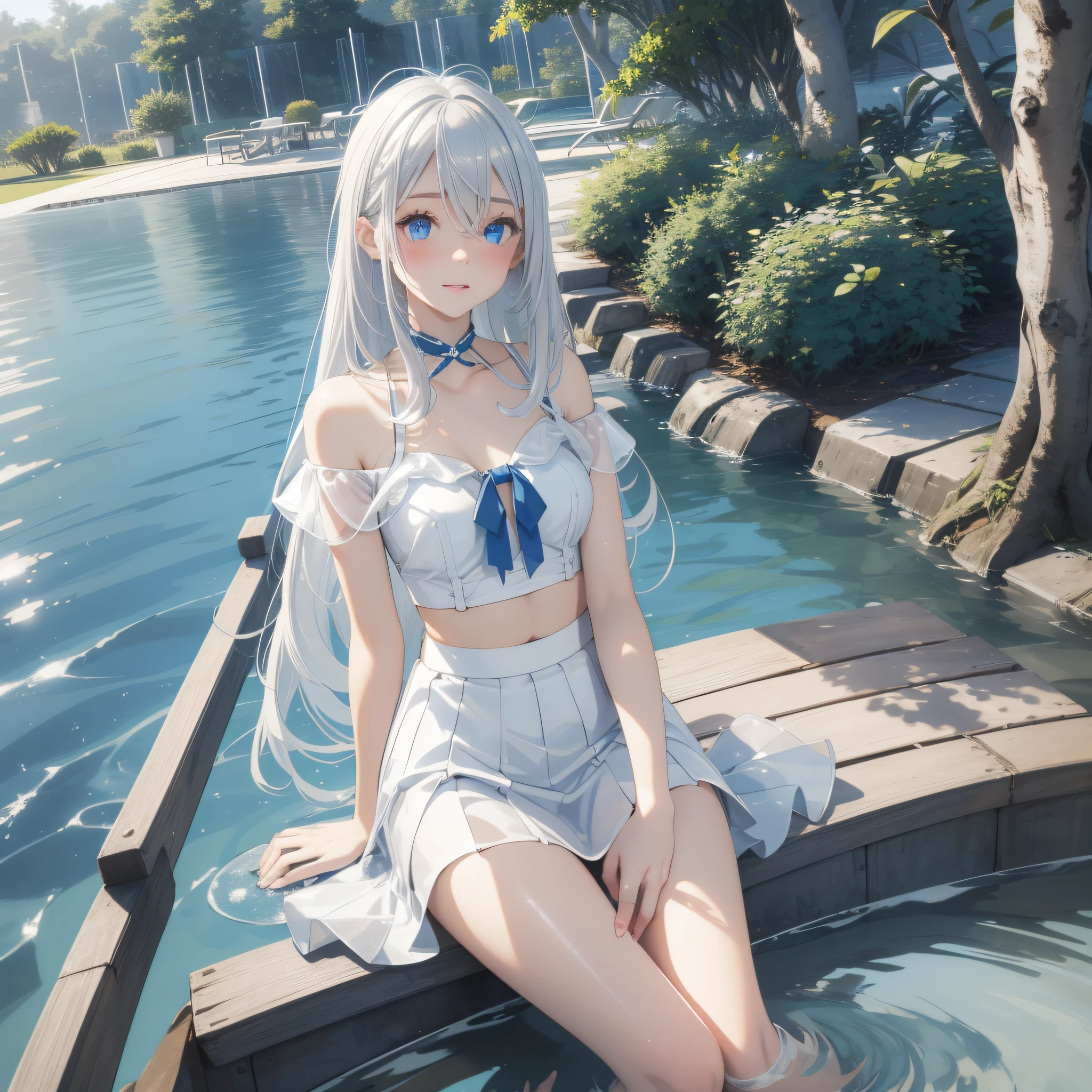 (HD illustration), the best picture quality, the best lighting effect, with blue eyes, stubasa (silver hair: 1.3+ white hair), lakeside clear pool, petite thin legs, white clean short skirt, splashing water, fresh face, pure and cute
