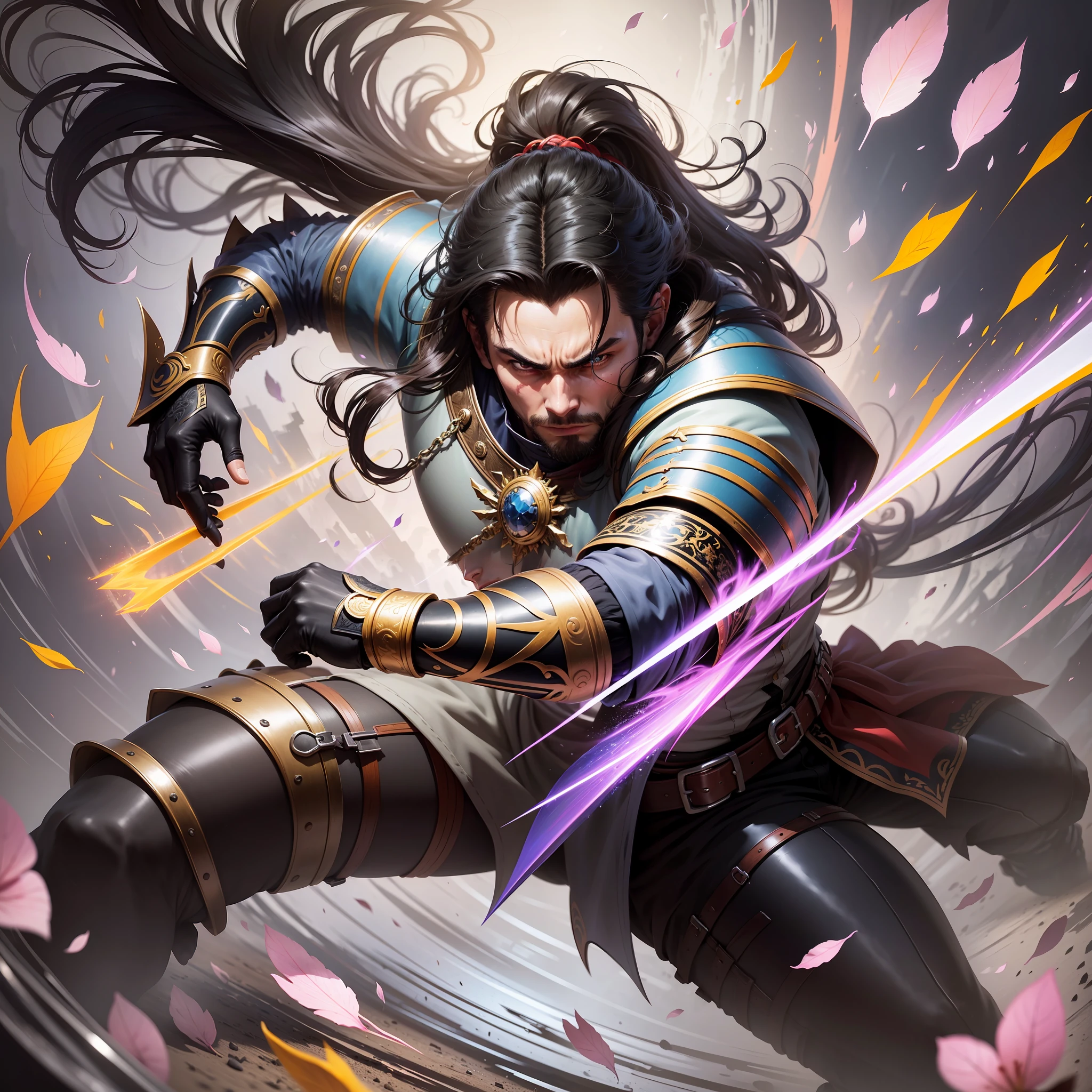 Masterpiece, best quality, (very detailed CG unit 8k wallpaper) (best quality), (best illustration), (best shadows) Delicate leaves of nature petals of various colors falling into the air light Tracking, super detailed Create an anime-style illustration that depicts a powerful and intense battle scene. The main focus of the illustration should be Nestor, a young and arrogant 22-year-old character with black hair and brown eyes. Your long hair should be tied in a ponytail that reaches your back. Nestor must be dressed in medieval black clothing, adding to his intimidating presence. Nestor is to be portrayed in the midst of the action, showing off his exceptional fencing skills. He must be wielding two swords with precision and confidence, fighting his opponents. The swords should be ornate and visually striking, emphasizing their importance to Nestor's fighting style. Around Nestor, there must be white petals in motion, symbolizing his mastery over his unique ability. The petals should be dynamic, adding movement and energy to the illustration. The background can consist of a chaotic and dramatic setting, such as a ruined battlefield or a gloomy landscape, intensifying the intensity of the scene. Be sure to capture Nestor's determined and arrogant expression, reflecting his confidence in his abilities. Use vibrant colors, detailed strokes, and dynamic poses to highlight the action and intensity of the battle. The overall composition should emphasize Nestor's dominance and dexterity as he faces his opponents. --auto --v6 --s2
