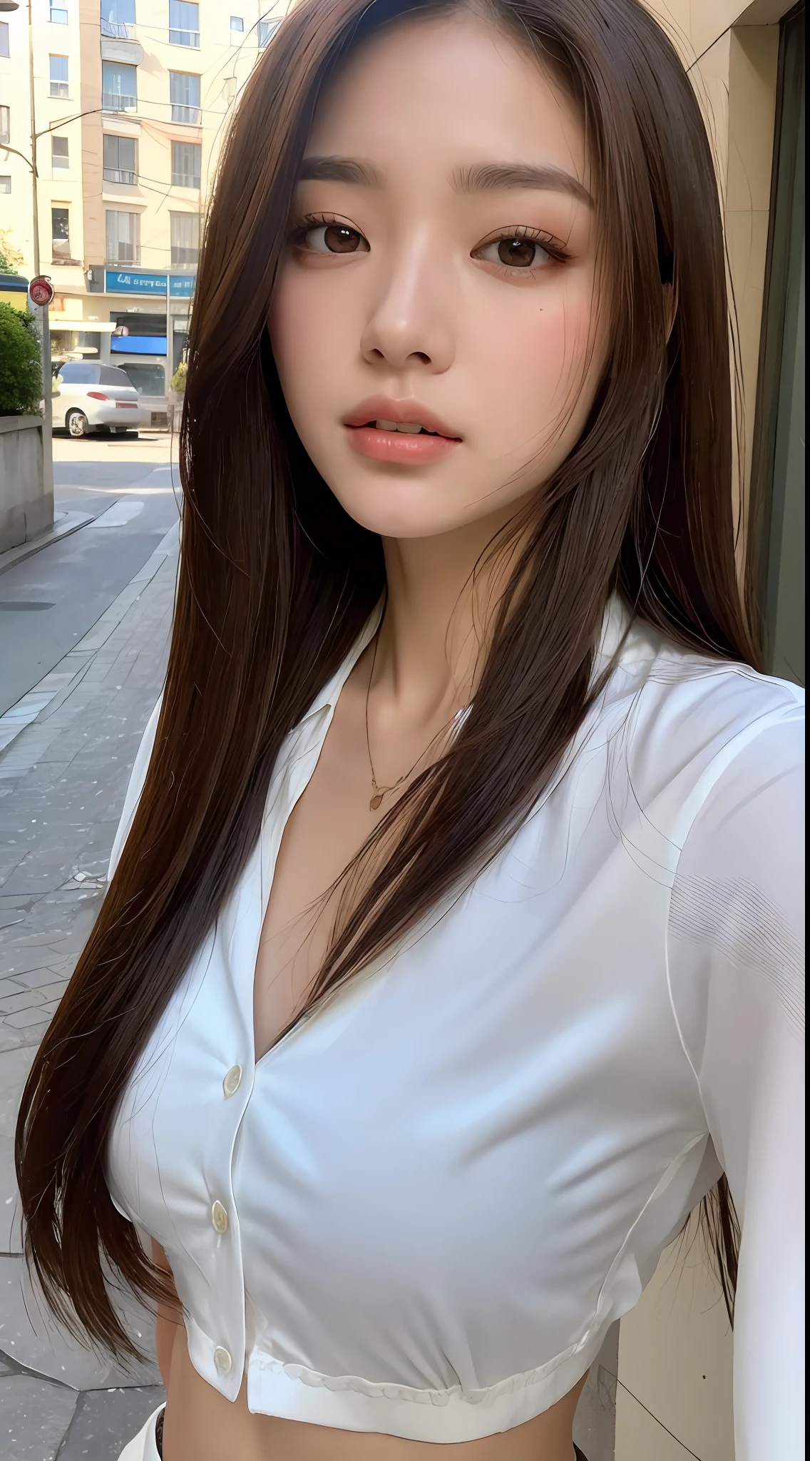 ((Top Quality, 8k, Masterpiece: 1.3)), Crisp Focus: 1.2, Beautiful Women with Perfect Style: 1.4, Slender Abs: 1.2, ((Dark Brown Hair, Big: 1.2)), (White Button Up Long Shirt: 1.1), Street: 1.2, Highly Detailed Face and Skin Texture, Detailed Eyes, Double Eyelids, Topless,