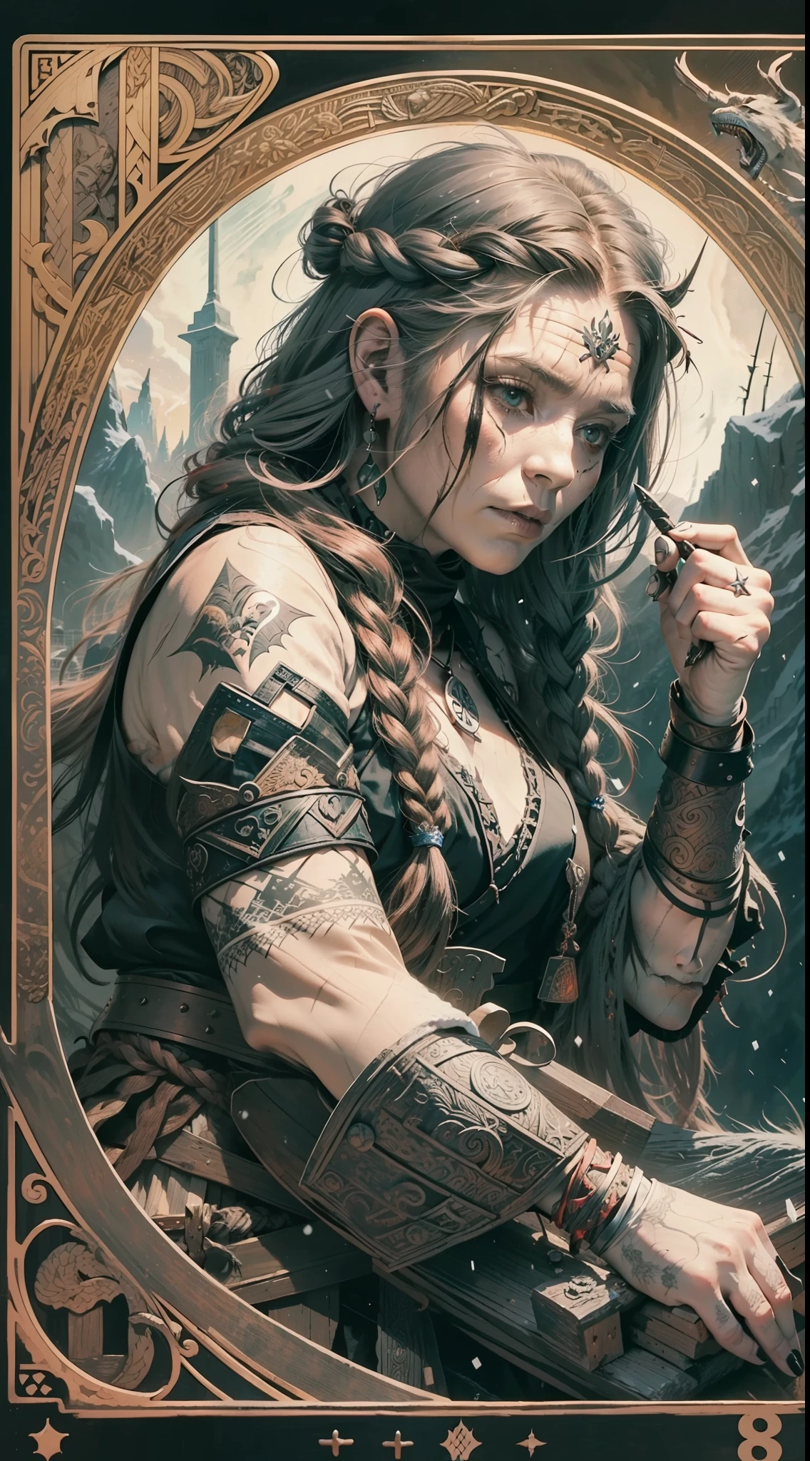 an elderly viking woman playing with wooden puppets,very black outline,expression of seriousness,viking,big black nails,redhead,flowing hair braided and messy,bruised and scratched body,snow,mountain,fire,wolf,vikings,black body behind,nordic,valhalla,nordic runes,hand drawn,illustration,art nouveau,tarot cards