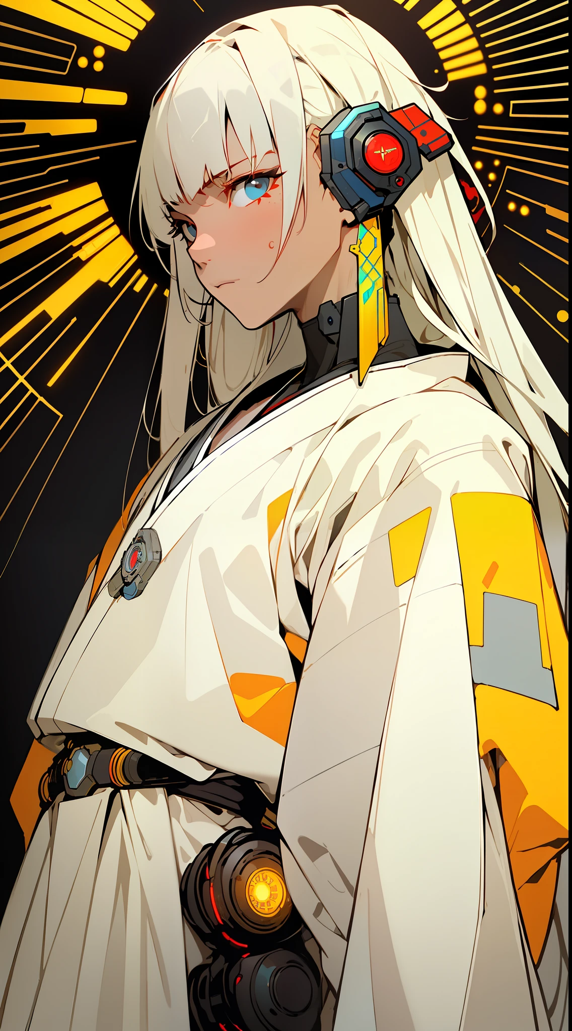 (Masterpiece, Top Quality, Best Quality), ((Cyberpunk Style, Robotic Arm, Hololo, Surreal Science Fiction Art, Future Science Fiction Aesthetics)), (1 Boy Solo), Close Up, (Determined Eyes), (Ancient Chinese Clothes, White Robe, Embroidered Collar Uesugi, White Big Sleeve Shirt, Streamers), (Hairpin, Long Black Hair, Weapons), (Hanfu), (Clear Facial Features, Detailed Skin Texture, Handsome Face), White Background, Earrings, Yellow Skin, Standing, (((flat color))),