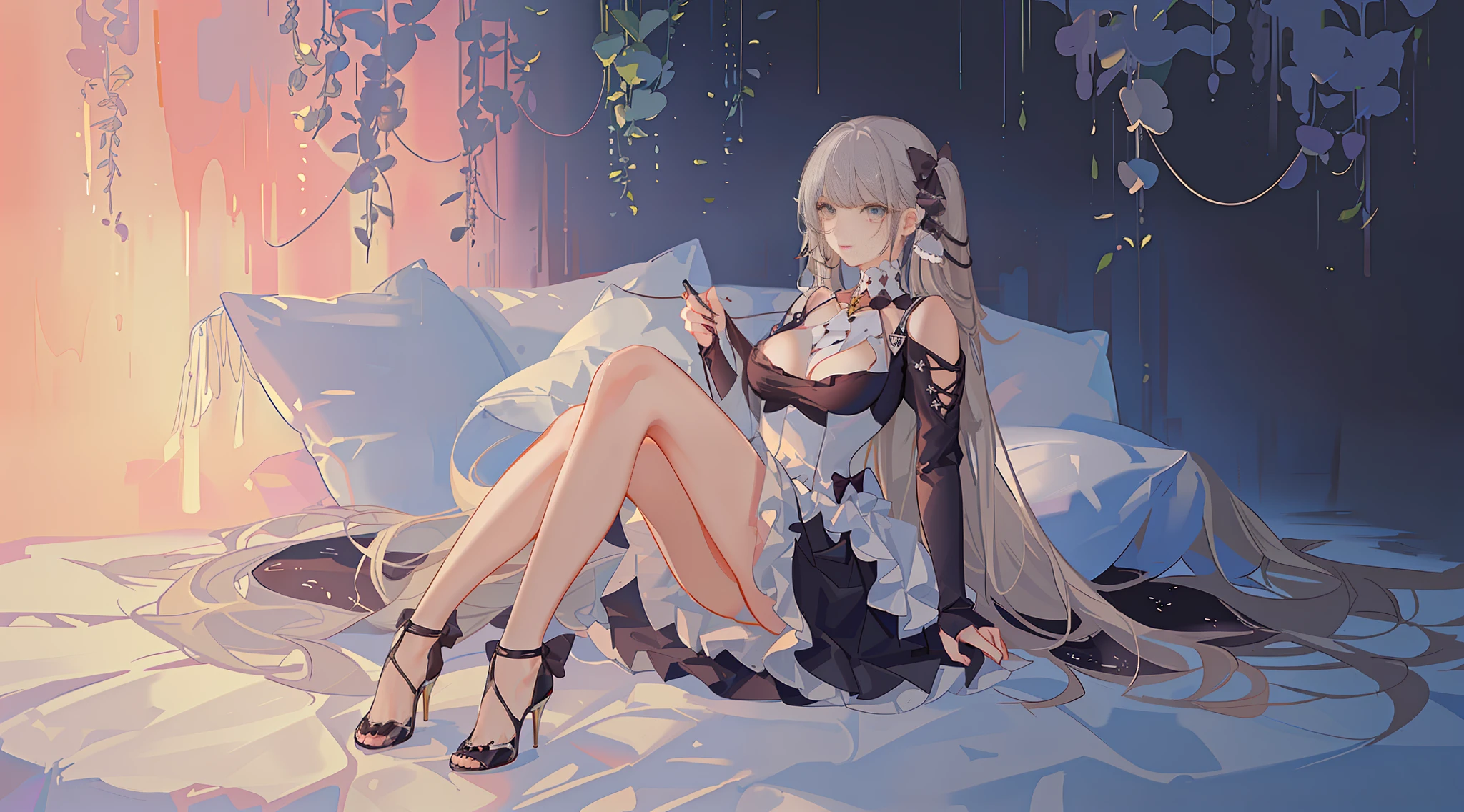 Delicate face, cute eyes, fluffy hair, fluffy long hair, full body, painting