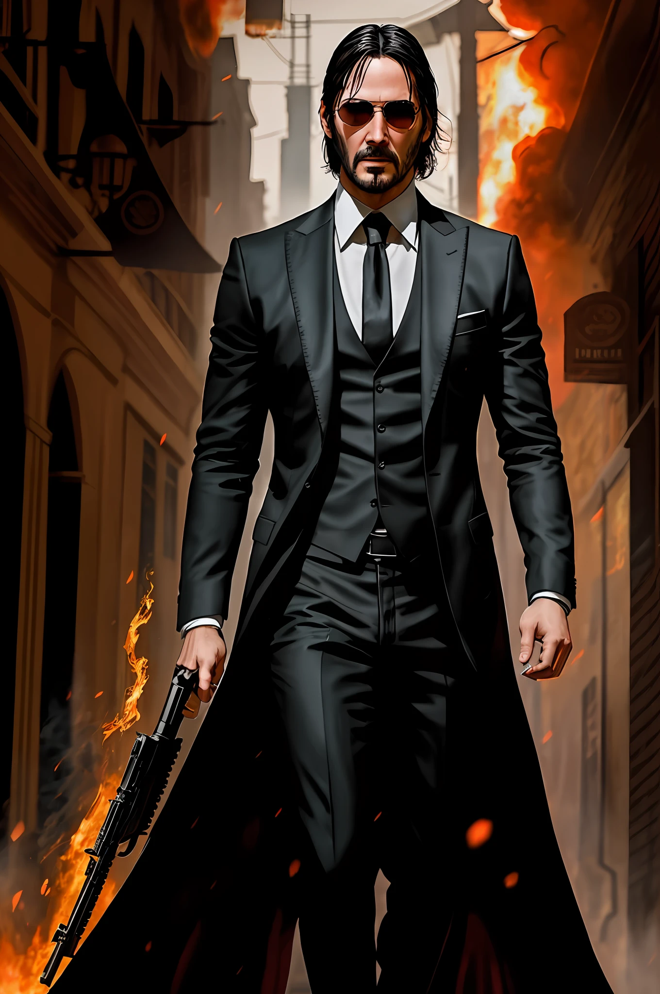 A spectacular photograph depicts John Wick as a magician, roaming the street amid explosions and flames. He holds a gun in one hand, wearing a black wizard's shirt adorned with gold accents and a black robe. Sunglasses adorn his face, while fireballs float around him. The high fantasy setting is filled with explosions and flames, providing a perfect composition. This artwork, available in HD resolutions on DeviantArt and ArtStation, is award-winning concept art, with John Wick's face and body richly detailed. The photography is stunning, capturing even the smallest details of the hands and face, with a backlight that enhances its appearance. With an ultra-realistic 12k quality and traced rays, John Wick's intense gaze is directed at the viewer, providing a cinematic feel.