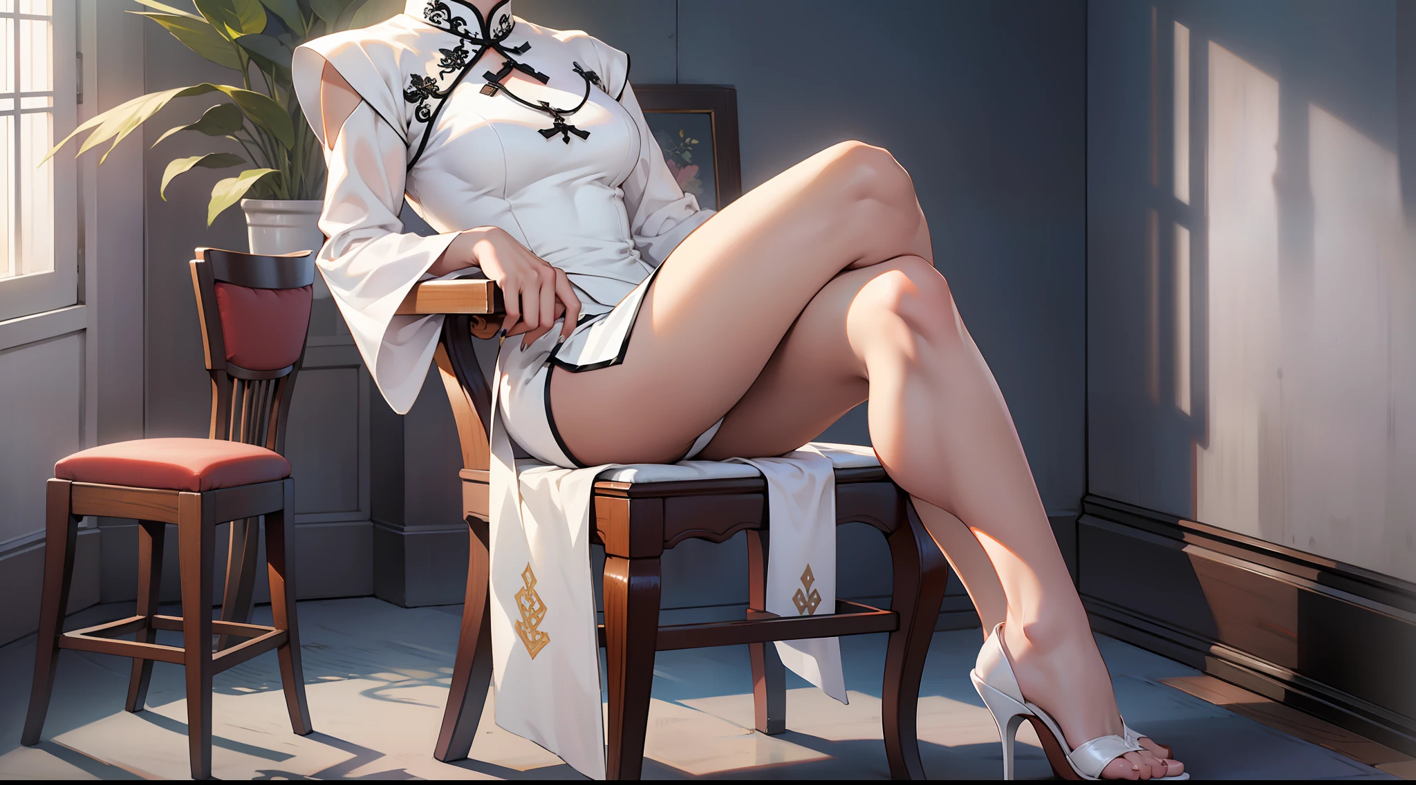 A girl with short white hair, white cheongsam, white high heels, thin waist, slender legs, holding a white fan, high-end chair