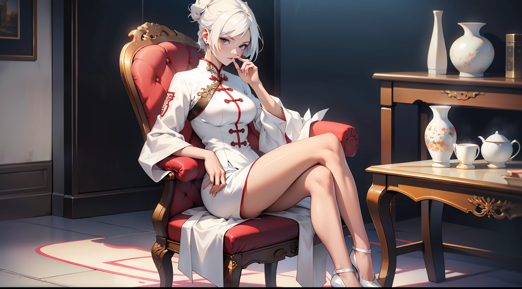 A girl with short white hair, white cheongsam, white high heels, thin waist, slender legs, holding a white fan, high-end chair