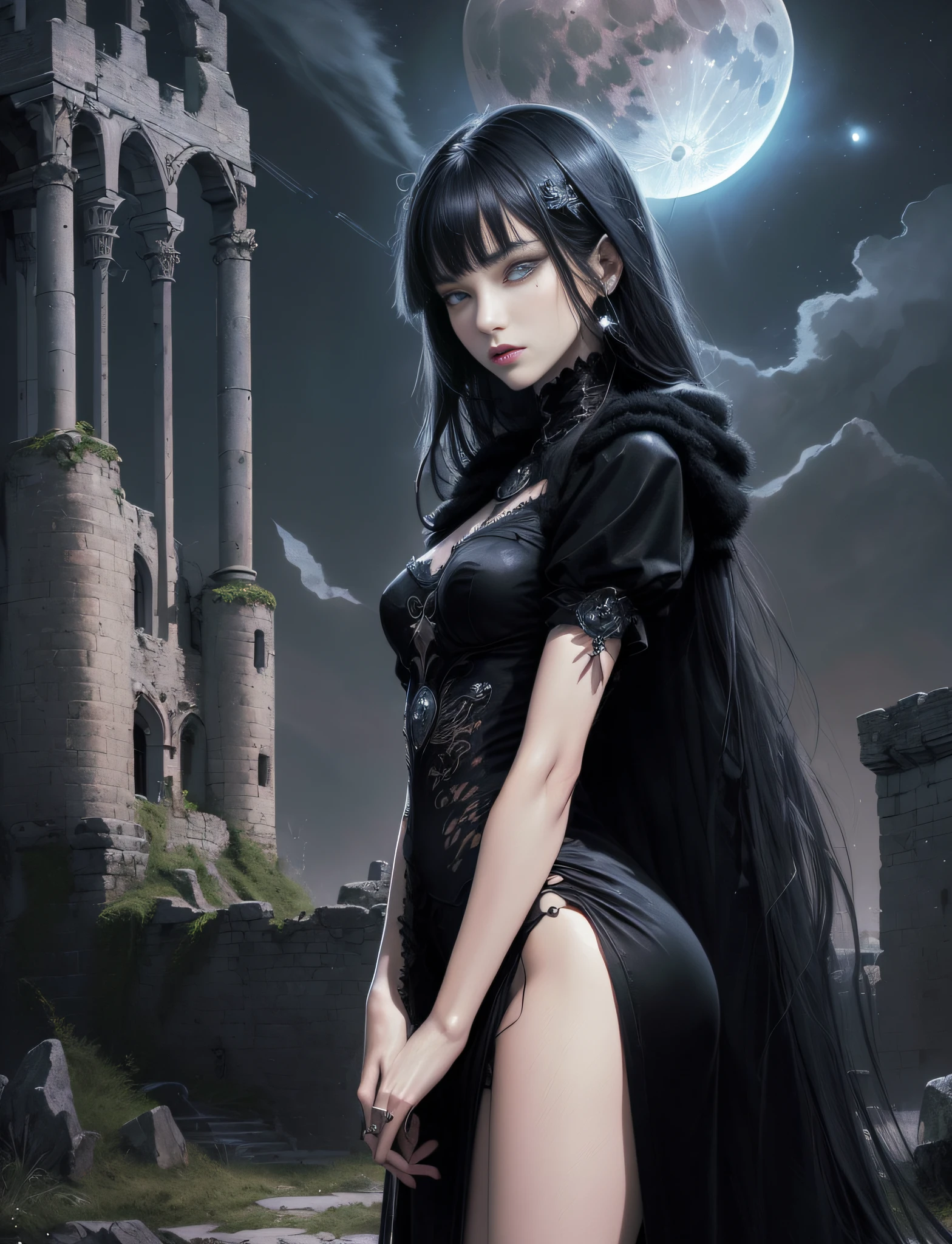 [Detailed illustrations, art based on extremely ideal anatomy, very detailed and detailed drawings, slow and delicate lines, realistic texture expression],((Color tressed lines)),(Artwork with outstanding craftsmanship),(Midnight Ruins (Background of a stone castle with moonlight)) Full Moon,Vampire Girl Japanese Beauty ((Beautiful but sick face, sunken eyes)) Skinny  (delicate and bony figure) Bare feet (((straight cropped bangs)) Fine beautiful straight long hair (black cat),(Beautiful skin shining on the moon (pale skin)),Cloak of darkness (ribbon lace embroidery),(ephemeral melancholy)) (Moonlight))) Gravure (Sedentary) ((Tindall effect)),((Dark fantasy)),((Fine and beautiful skin expression ( Transparency))),(Perfect and beautiful face,Realistic facial details),(Perfect eyes (Realistic pupil details (Beautiful iris drawn in detail) (Sharp pupil))),((Proportioned and perfect proportions)),(Design built at a high level,((Advanced structural understanding)),Ideal color coordination),(Complex decoration (ultra-dense details))),(Detail,High Definition),[ Ultra-precise detail, High quality, high resolution, (((multi-layered texture))],((Accurate simulation of light-material interaction, understanding of air flow, mechanically correct representation)),(((Visual art with narrative)).