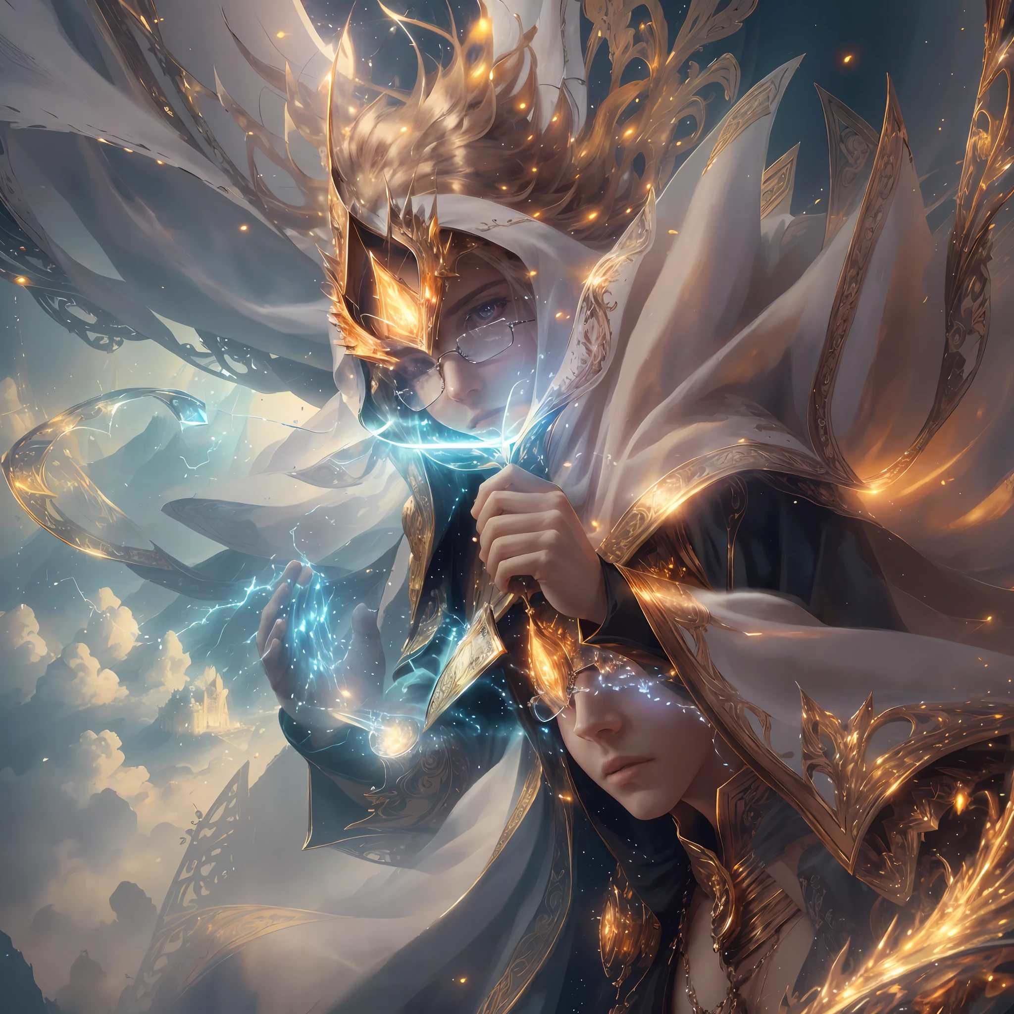 best illustration, realistic details, detailed, 1 Man, 1 Man, Young 19 years, beautiful, detailed skin, full body, Golden and shiny hair, Golden and bright eye pupils, Wearing a paladin cloak of white color with golden details, looking at the viewer, On a mountain looking at a palace in the clouds, bluish sky, environment with lights shattering glasses in fractal particle effects, volumetric fogs on the horizon, emotional and powerful vibration, aerial perspective, detailed background, third rule, sharp focus, depth of field. --auto --s2