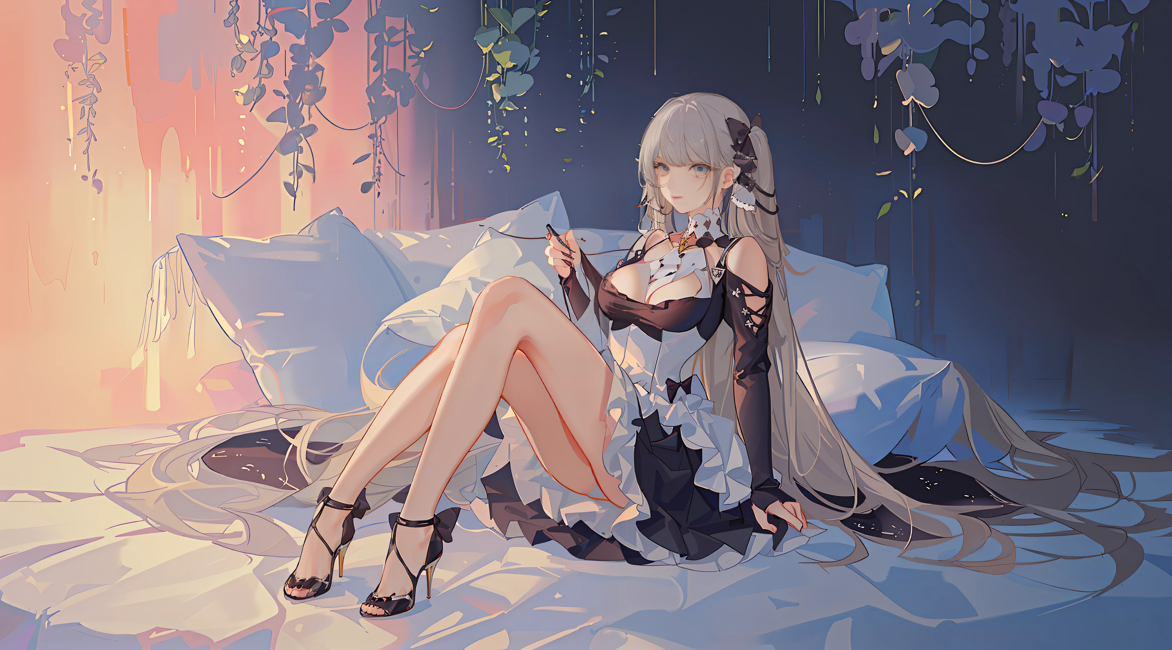 Delicate face, cute eyes, fluffy hair, fluffy long hair, full body, painting