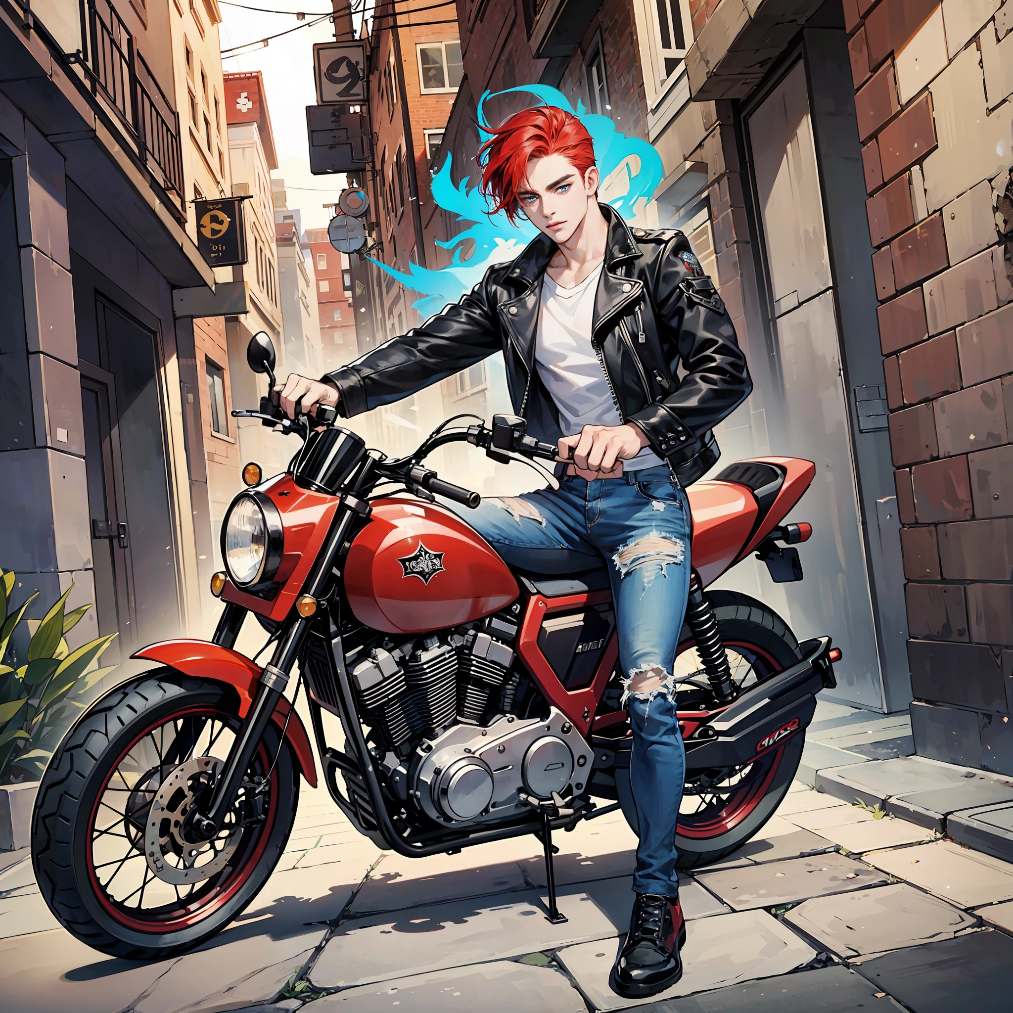 Discover the unusual beauty of young Richard, a 25-year-old man with red hair and captivating blue eyes. Wearing a simple ripped jeans, mounted on his motorcycle he is a unique character who captures all the attention for himself. Just like Richard's flamboyant hair, he is charismatic and intrepid, ready to take on any challenge that comes his way. --auto --s2