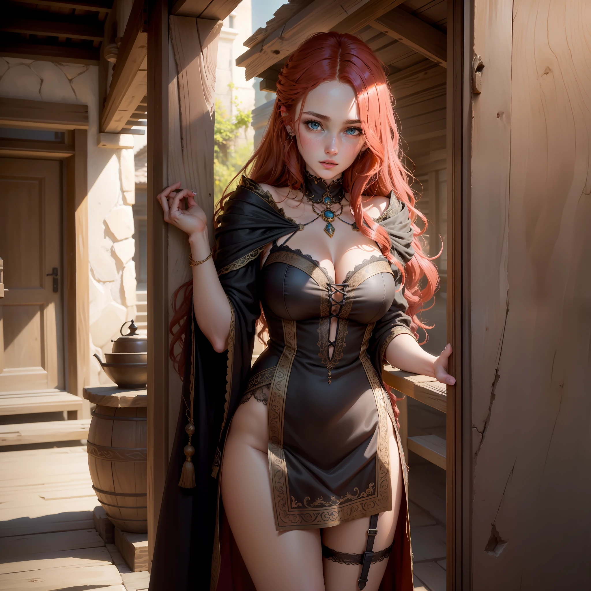 A charming and mysterious sorceress, 20 years old. She is depicted in rustic clothes, full of ornate details. Her look is lush, with long, wavy hair, standing out in shades of redhead. His face has soft, expressive features, with bright eyes and delicate lips. The atmosphere is one of magic and seduction. Style: Oil painting in realistic style, capturing the nuances of colors and textures of clothing and skin.