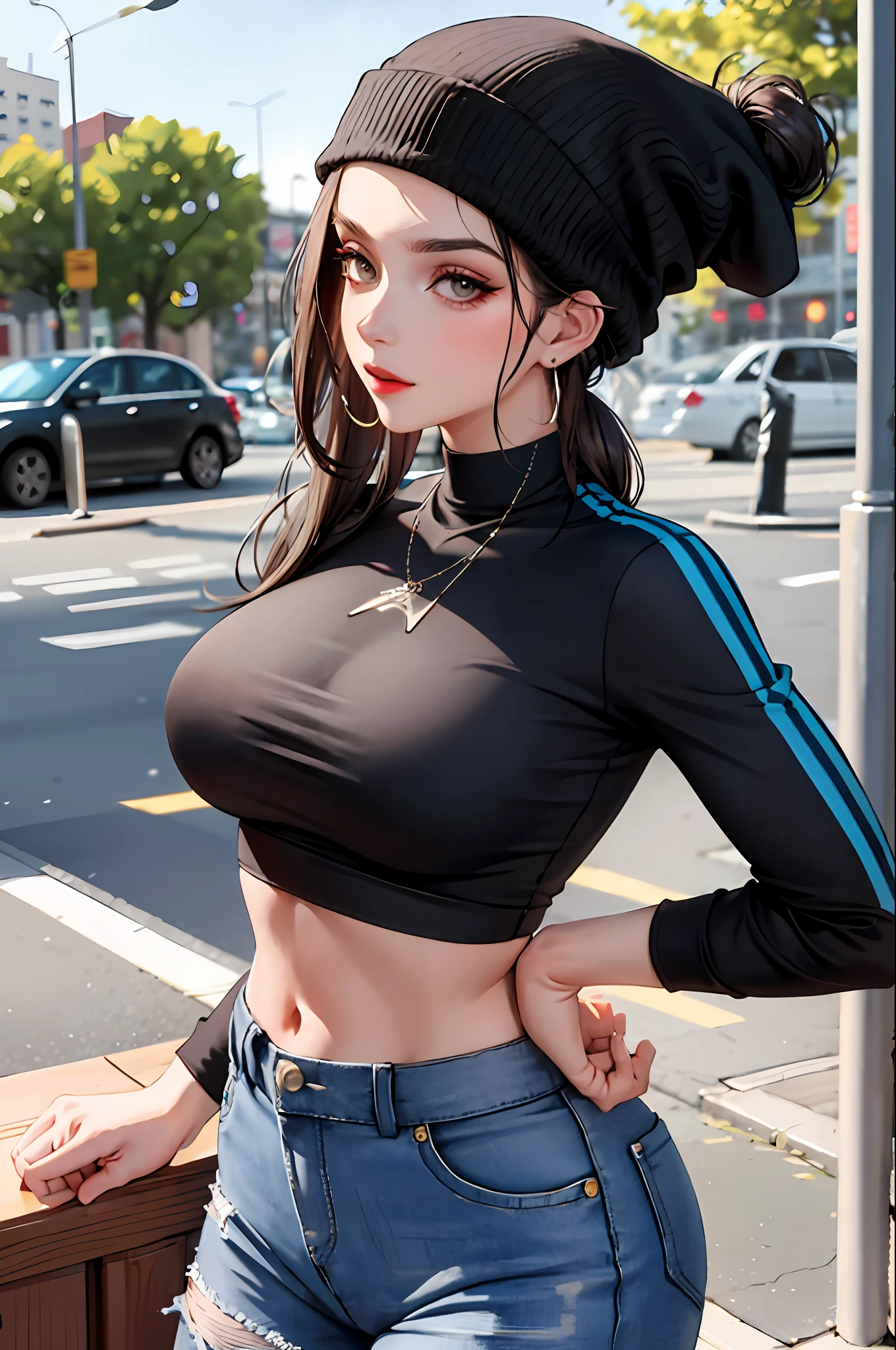 (Masterpiece: 1.2, Best Quality), (Real Pictures, Intricate Details), 1 Lady, Solo, Upper Body, Big Breasts, Buttocks, Astocks,
Clothing: Oversized T-shirt, ripped jeans or leggings, sneakers or combat boots, Accessories: Beanie with no brimm, Statement earrings, Hair: Low ponytail, Makeup: Simple, bold lips, Behavior: laid-back, cool, indie, Location: city street, park, coffee shop