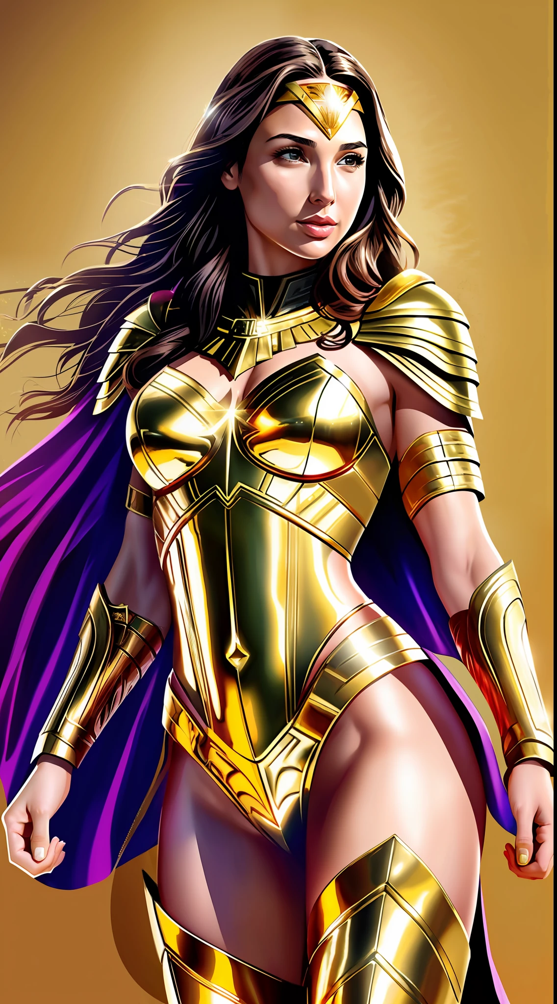 Gal gadot, (perfect anatomy), (perfect face and eyes) (undeformed eyes) golden goddess Athena, armor covers the whole body, full armor great details, art, whole body, with gold cowboy lace at the waist, artwork, full body, with golden boots, muscular body.