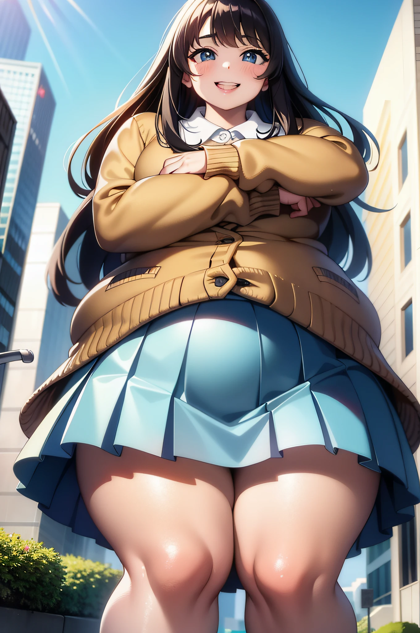 (masterpiece:1.0), (best quality:1.2), (highres:1.1), (ultra-detailed:1.1),
from below,looking down at viewer, [:fisheye lens:0.7],(depth of field:1.2),
Gulliver's Travels,
1giant girl ,hugging own knees,(thick thighs:1.2),curvy,(huge ass:1.1),
at street,at tiny city,sky,
BREAK
detailed eyes,star-shaped pupils,happy grin,
wearing school uniform,(overly long sleeved cardigan:1.2),pleated skirt,shoes,