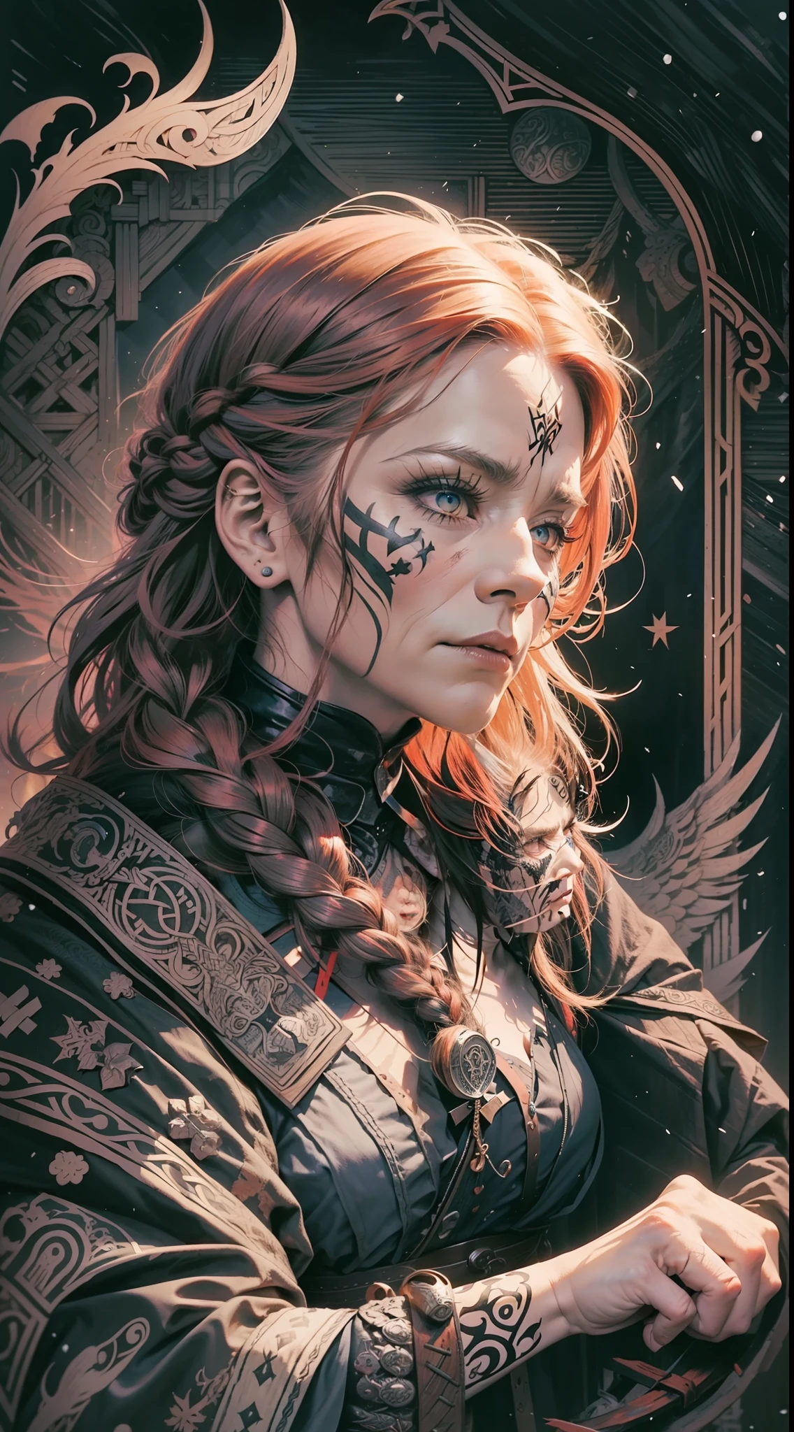 an elderly viking woman playing with wooden puppets,very black outline,expression of seriousness,viking,big black nails,redhead,flowing hair braided and messy,bruised and scratched body,snow,mountain,fire,wolf,vikings,black body behind,nordic,valhalla,nordic runes,hand drawn,illustration,art nouveau,tarot cards
