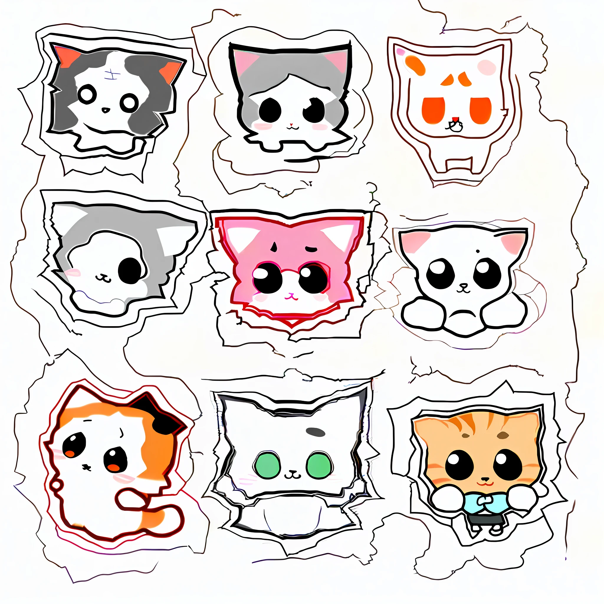 a set of six stickers with different cats on them, cute cats, kawaii cutest sticker ever, kawaii cat, stickers, cute faces, sticker sheet, neko, cute kittens, catscatscats, cats, etsy stickers, cat design, insanely cute, kawaii, cute characters, unused sticker sheet, cute animals, cats! are around, fat chibi grey cat, smol