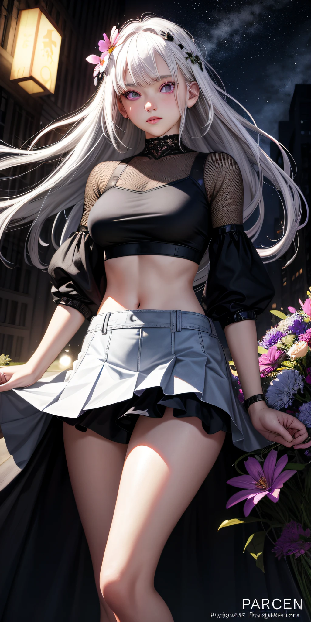 realistic, 1girl, white hair, purple eyes, glowing eyes, crop top, skirt, parted lips, blush, night, flowers, sun, sunlight,
