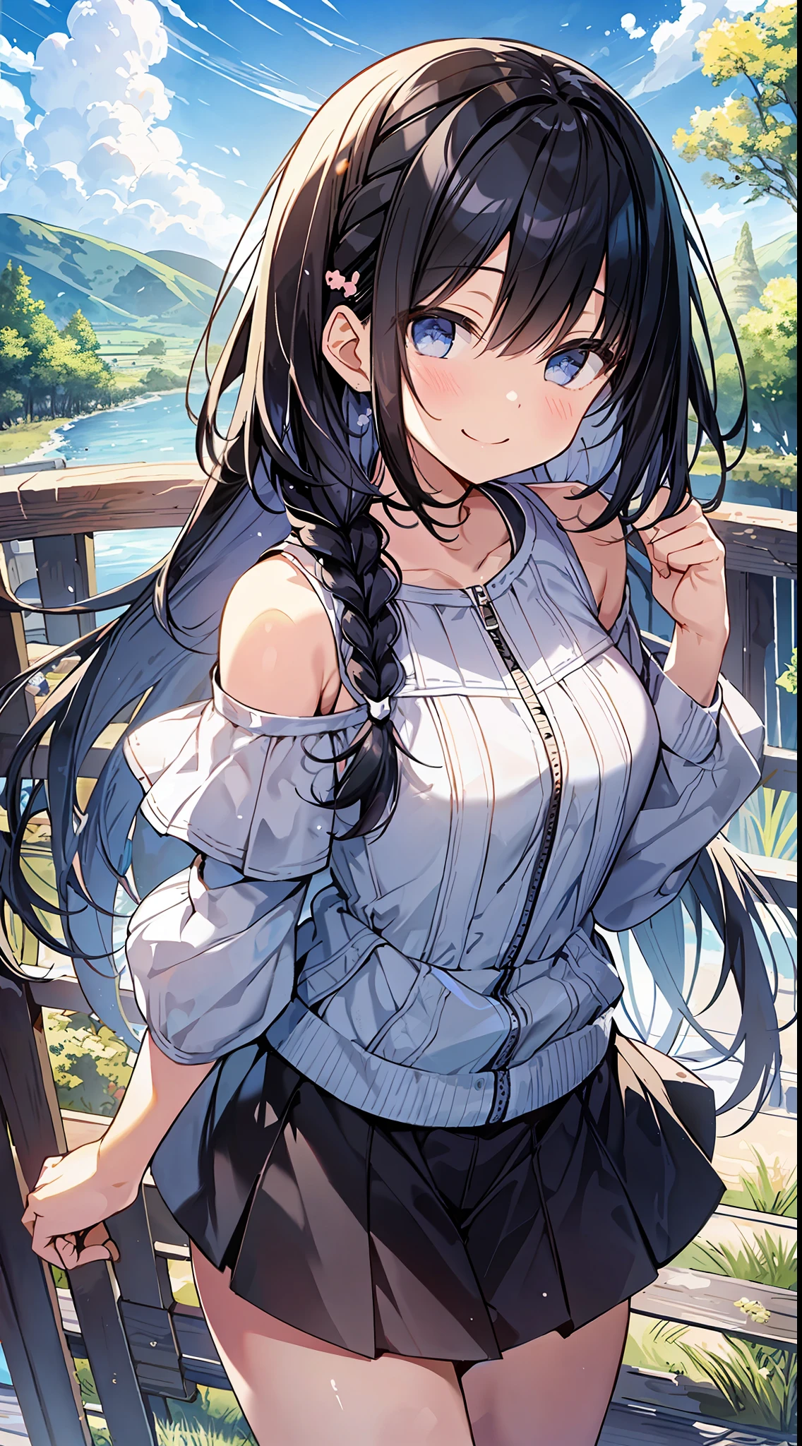 Top Quality, Masterpiece, Ultra High Definition, 8K, Summer Sky, Early Summer, (Flared Skirt, Thin Blouson, Sneakers), Shojo Manga Style Loli, One, Soft Line Art, Digital Enhancement, Shojo Manga Touch, Shojo Manga Core, Flowing Fabric, Close Up, (Shoulder-length and Short Braid)), Wet Hair, Soft Drawing, Beautiful Black Hair, Clear Eyes, ((Teasing smile)), ultra-detailed digital anime art, clear face depiction, ultra-detailed shoujo manga character art, clear facial features, ultra-detailed manga style, top quality colors, hand gestures, landscape with nature, looking up at the sky, angle that can see up to your feet