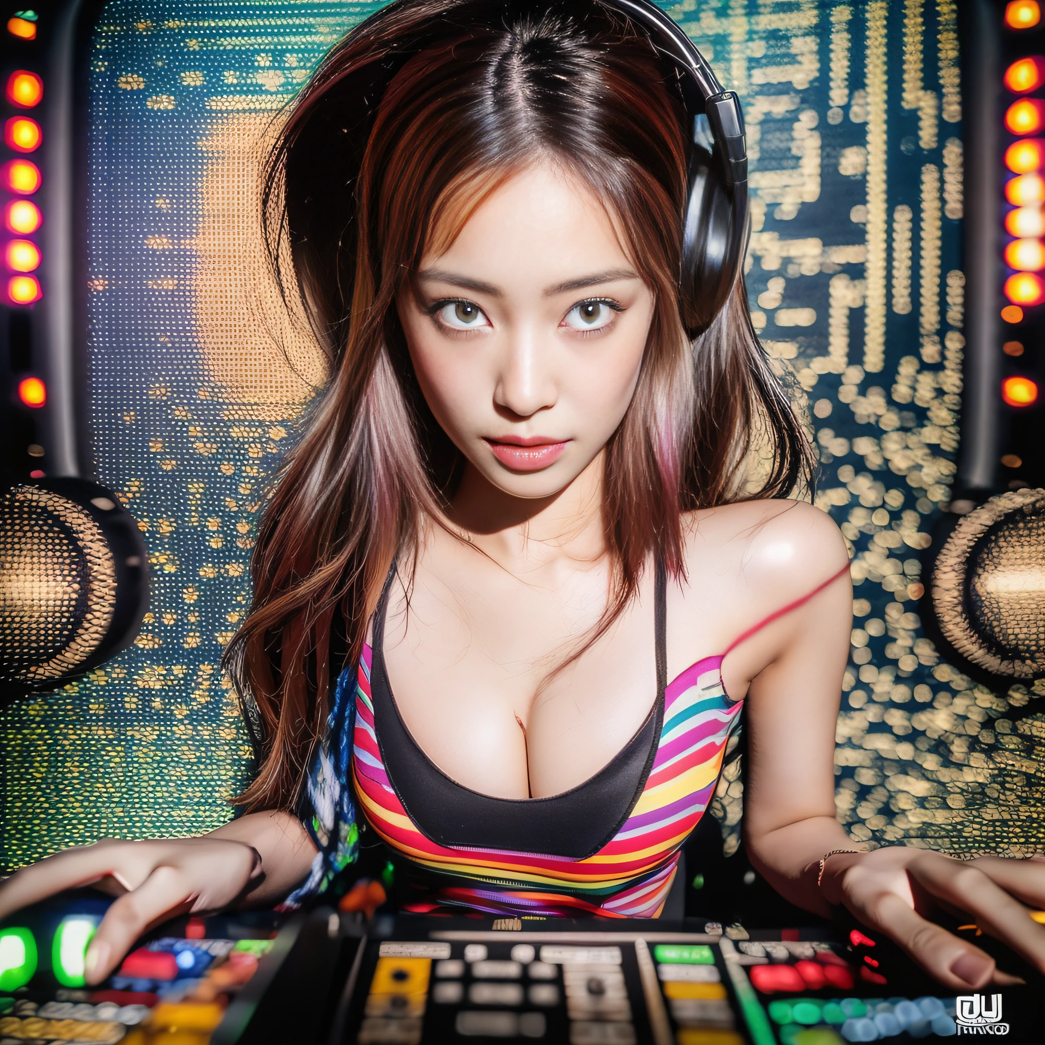 a female dj plays on the dj desk vinyls sound desk, smirk , headphones on her head, total view, beautiful european 25 y.o. ,dynamic extra long wavy multi colored dyed hair, (glowing flowing wavy hair), (blowing in the wind), happy face, realistic eyes, detailed facial features, vibing to music, wearing bikini with colorful psychedelic patterns on it, slim body, slim body, perfect big breasts, nice abs, tanned skin, music festival in the background, warm colours, (full body portrait photo), RAW, photograph, (masterpiece), ((photorealistic)), ((hyperrealistic)), (skin pores), highly detailed, sharp focus, 8K, ultra quality, UHD, crystal clear, ((stunningly beautiful)), extremely detailed, high detailed skin, cinematic lighting, wide angle, Kodak, Canon 5d