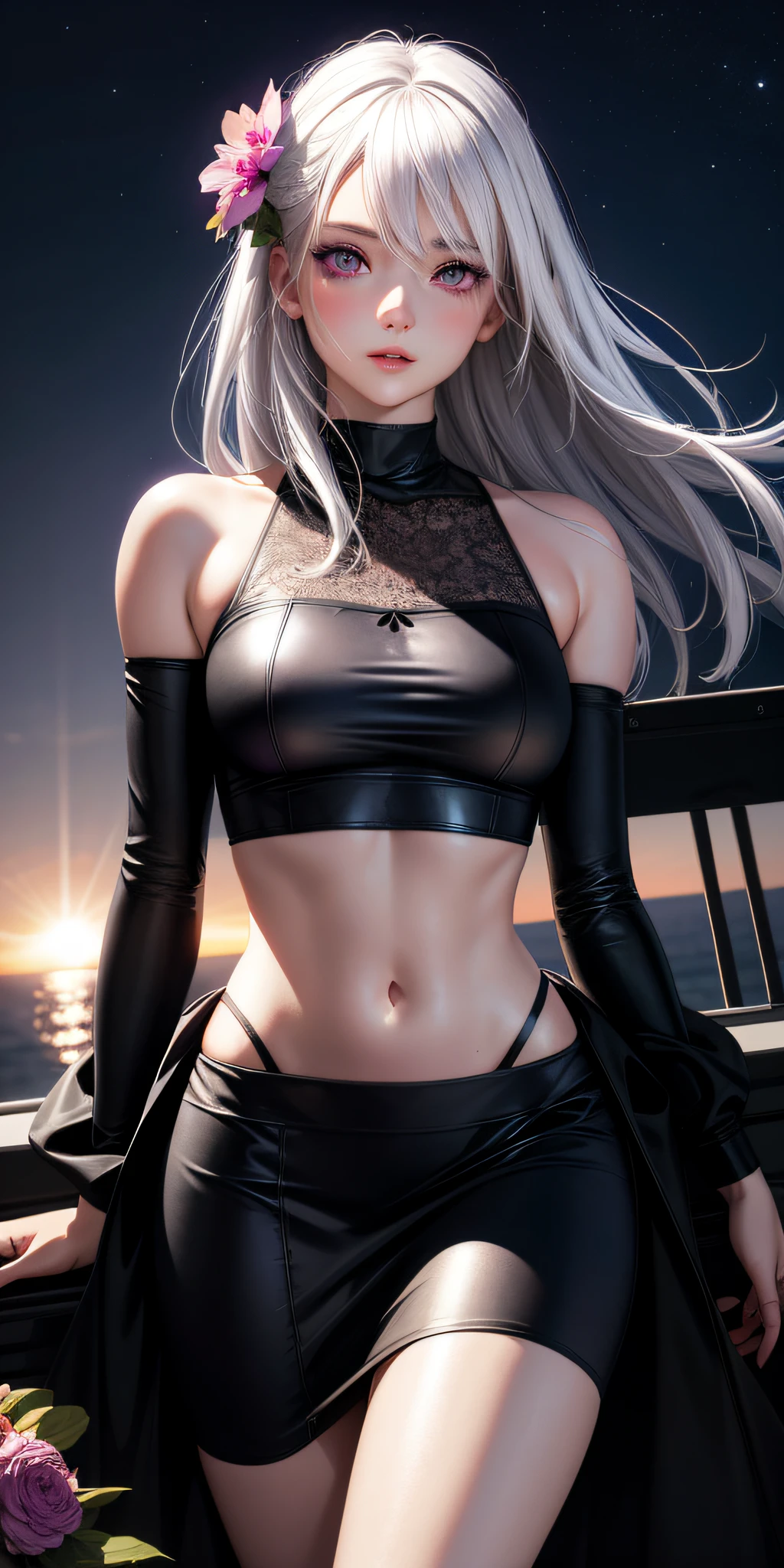 realistic, 1girl, white hair, purple eyes, glowing eyes, crop top, skirt, parted lips, blush, night, flowers, sun, sunlight,