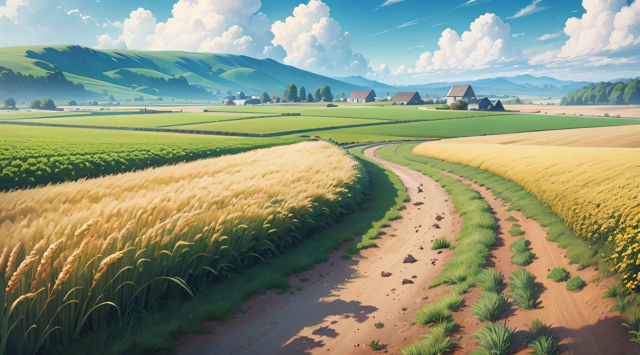 A picture including wheat field, farm, sea, green mountain, stream, meadow, sky, blue sky and white clouds, good-looking, multi-detailed, cartoon, illustration --auto --s2