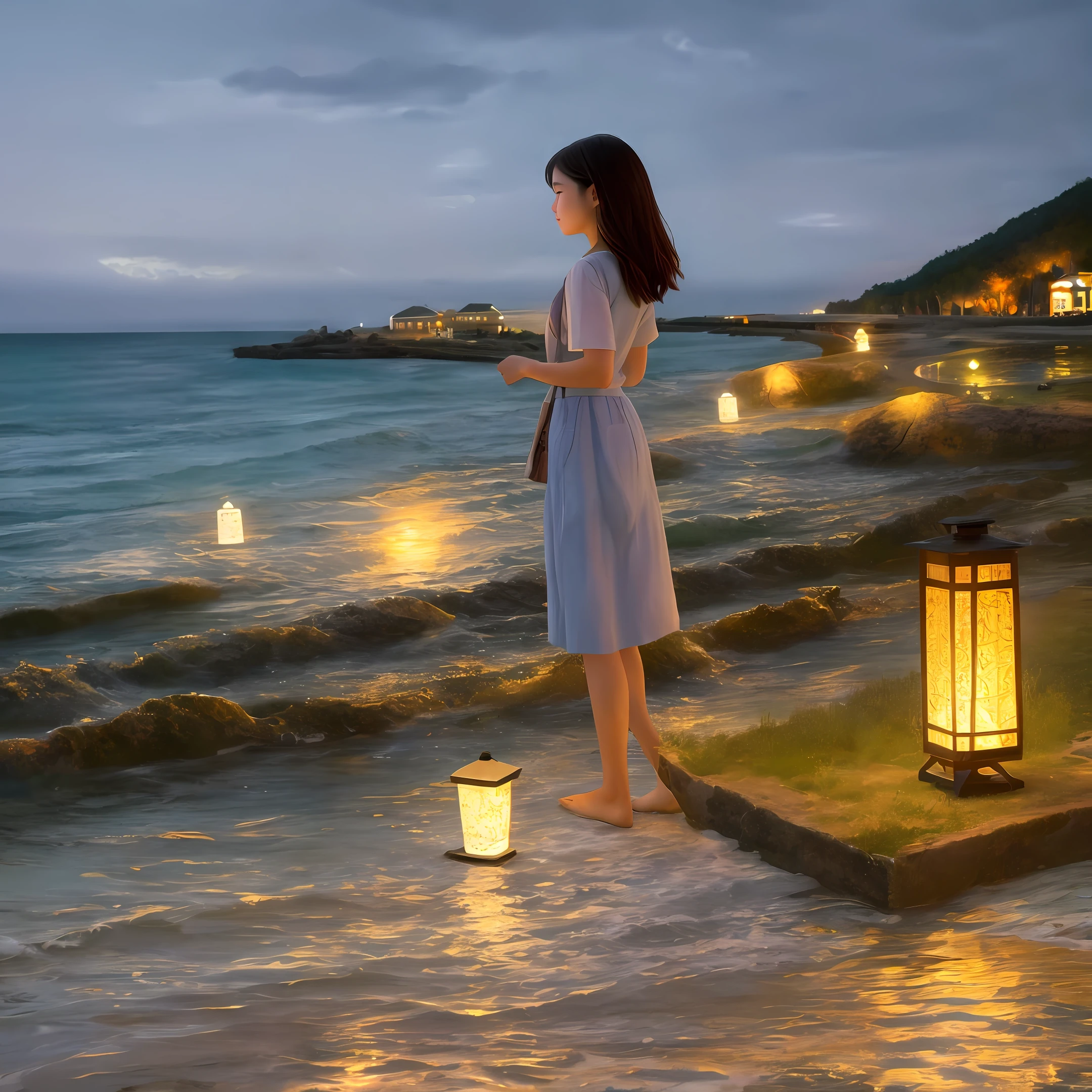 sea at night, lantern floating, impression painting, landscape, girl, distant view