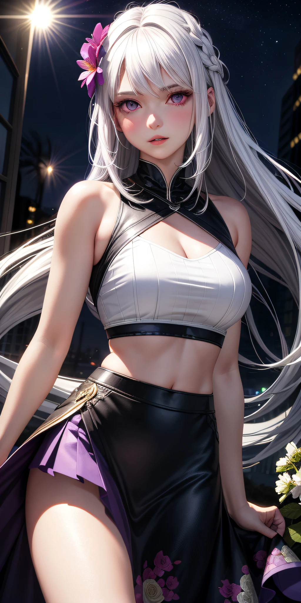 realistic, 1girl, white hair, purple eyes, glowing eyes, crop top, skirt, parted lips, blush, night, flowers, sun, sunlight,