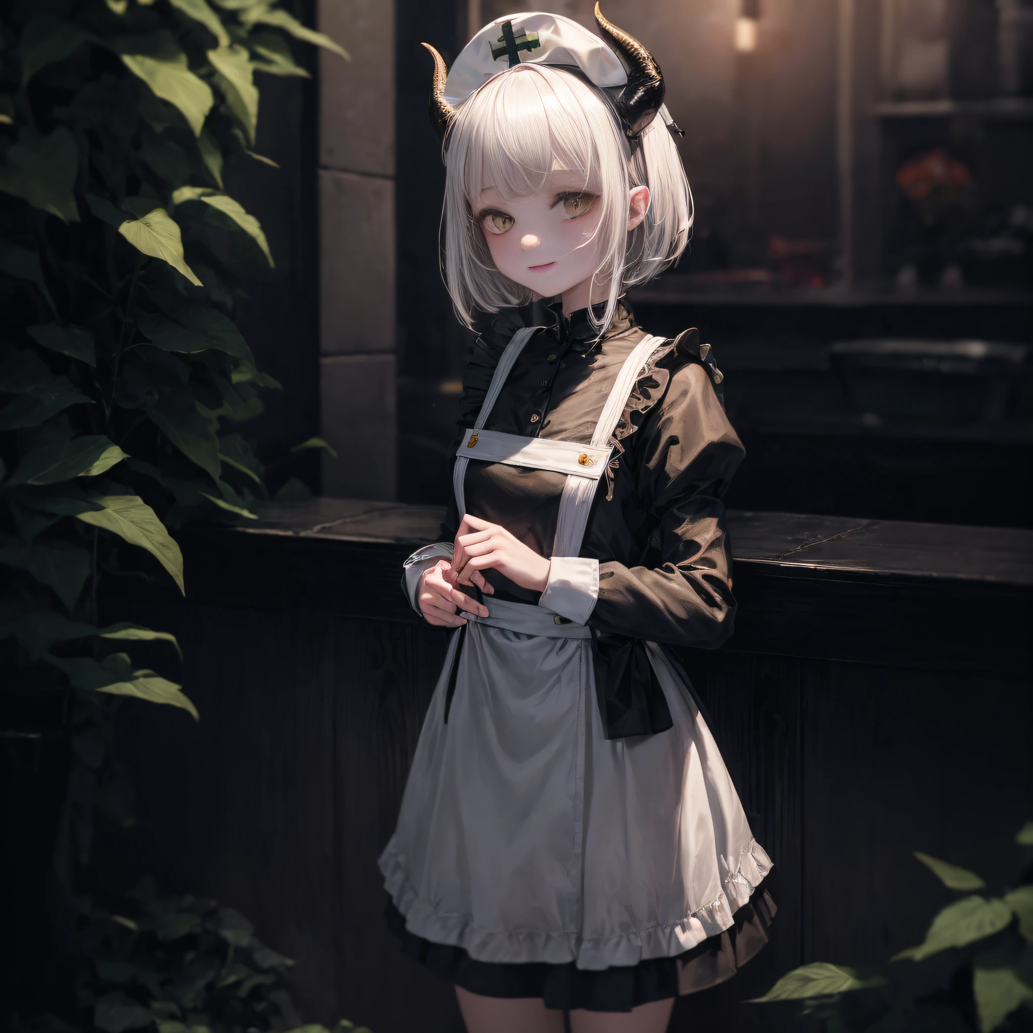 masterpiece, best quality, ultra-detailed, beautiful, HD, 1girl, solo, looking at viewer, center, young, ((black sheep horns)), white hair, ((short)), (((loli))), short hair, yellow eyes, freckled, (long black maid uniform), white apron, (white nurse's cap whit a green cross)), (green cross on chest), standing, infirmary background, happy expression