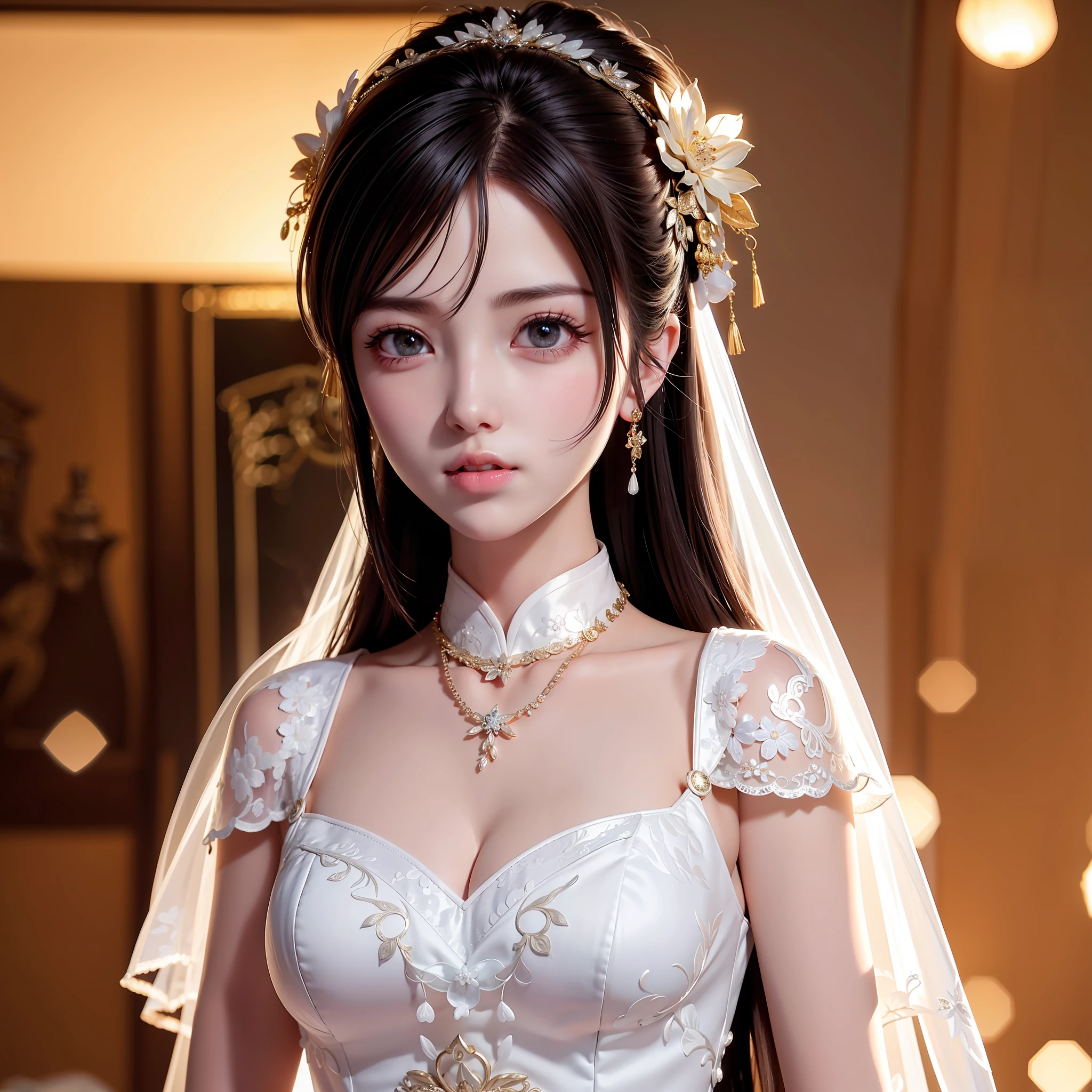 best quality, masterpiece, highres, 1girl,china wedding dress,hair ornament,necklace, jewelry,Beautiful face,upon_body, tyndall effect,photorealistic, dark studio, rim lighting, two tone lighting,(high detailed skin:1.2), 8k uhd, dslr, soft lighting, high quality, volumetric lighting, candid, Photograph, high resolution, 4k, 8k, Bokeh