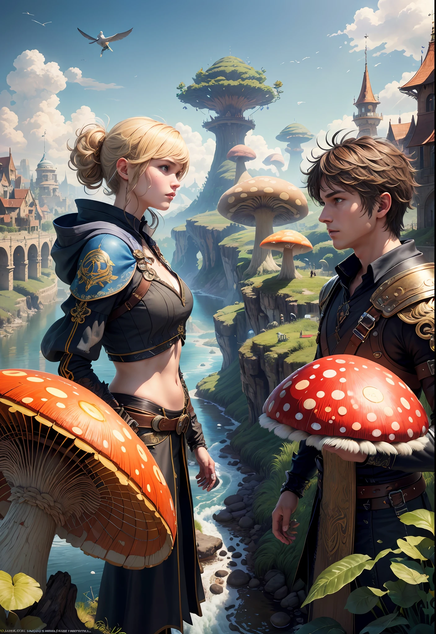 (((Multiplayer, Man and Woman))), Best Quality, Realistic, Realistic, Award-Winning Illustrations, (Intricate Details: 1.2), (Fine Details), (Intricate Details), (Cinematic Light, Best Quality Backlight), Clear Lines, Sharp Focus, Official Art, Unity 8k Wallpaper, Ridiculous, Incredibly Ridiculous, Fantasy Art, RTX, ((Award-winning Triangle Studio Close-up Photo)), 1 Boy, (Shut Up), Best Quality, 4K, beautiful mysterious creatures, blond male, flying, surrealism, masterpiece of NCWINTERS, masterpiece in mysterious country town, masterpiece, intricate details, ff14style, urban painting, bridge, river, giant mushroom, landscape, bright colors,
