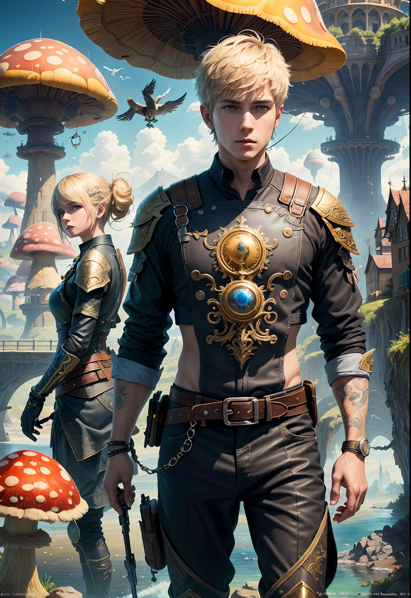 (((Multiplayer, Man and Woman))), Best Quality, Realistic, Realistic, Award-Winning Illustrations, (Intricate Details: 1.2), (Fine Details), (Intricate Details), (Cinematic Light, Best Quality Backlight), Clear Lines, Sharp Focus, Official Art, Unity 8k Wallpaper, Ridiculous, Incredibly Ridiculous, Fantasy Art, RTX, ((Award-winning Triangle Studio Close-up Photo)), 1 Boy, (Shut Up), Best Quality, 4K, beautiful mysterious creatures, blond male, flying, surrealism, masterpiece of NCWINTERS, masterpiece in mysterious country town, masterpiece, intricate details, ff14style, urban painting, bridge, river, giant mushroom, landscape, bright colors,