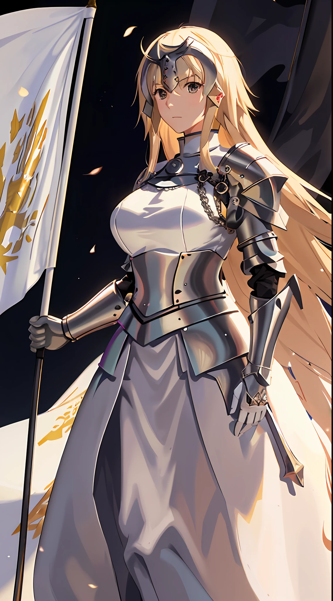best quality, masterpiece,highly detailed,anime,1girl,mature female,upper body,(jeanne d'arc),medium breasts,perfect face,blond hair,long hair,white clothes,white armor,armored dress,headwear,flag, holy light,battlefield in background,depth of field,looking at viewer,